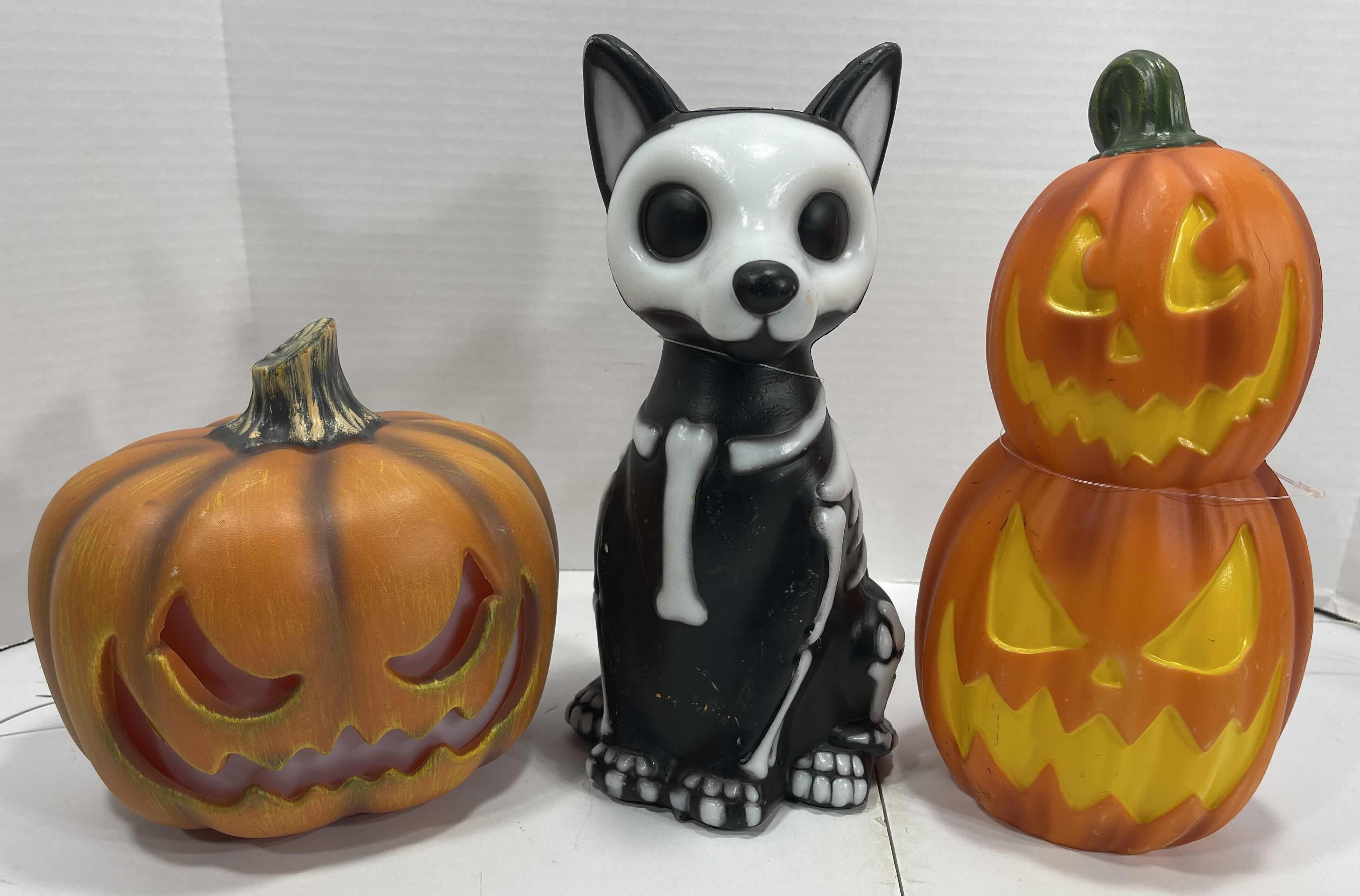 Photo 1 of HALLOWEEN HOME DECOR LIGHT-UP PLASTIC PUMPKINS (2) TALLEST 11” & LIGHT-UP SKELTON PUPPY H11” MSRP $40