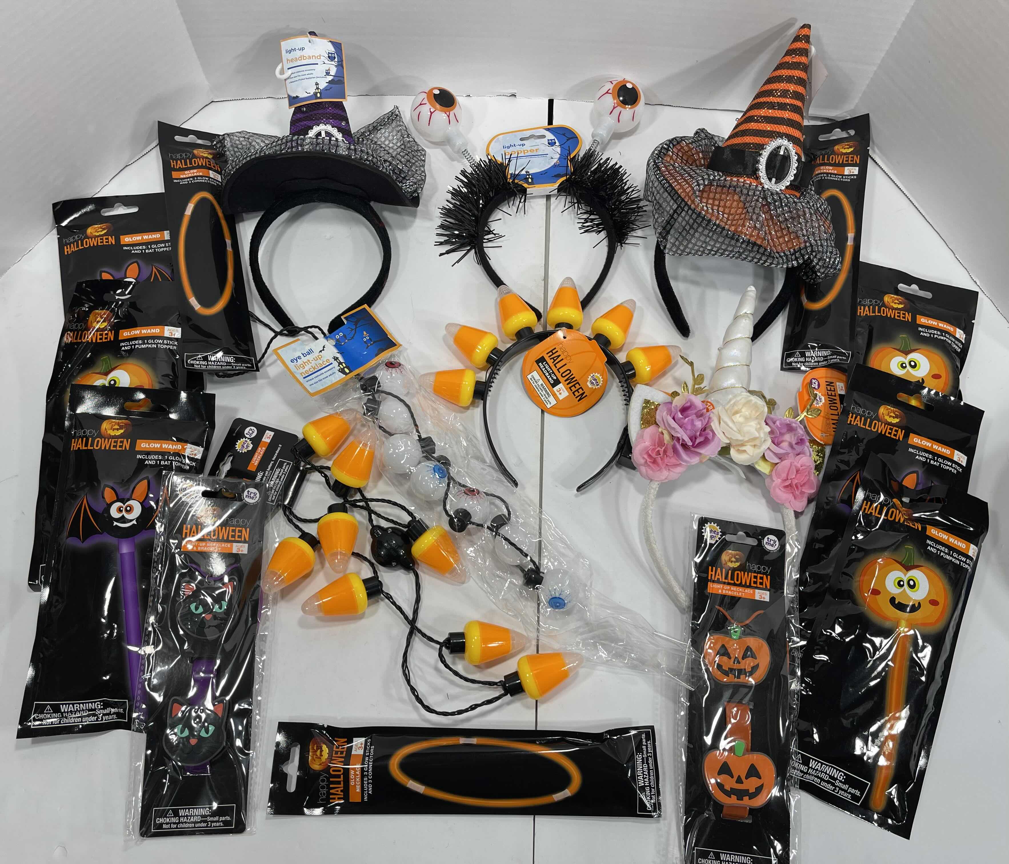 Photo 1 of HALLOWEEN LIGHT-UPS LOT (18 ITEMS) - HEADBANDS, NECKLACES, BRACELETS & GLOW WANDS MSRP $50