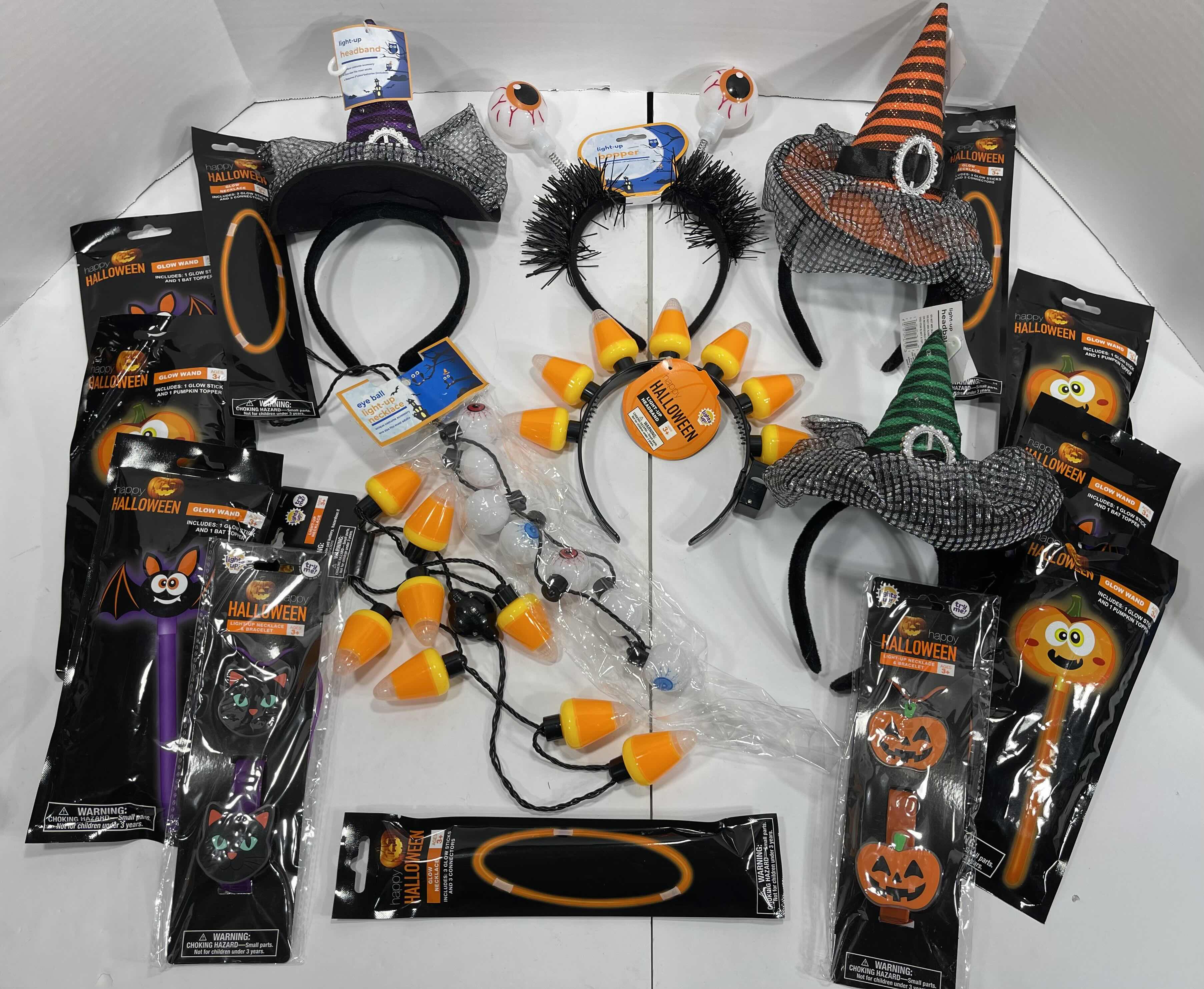 Photo 1 of HALLOWEEN LIGHT-UPS LOT (18 ITEMS) - HEADBANDS, NECKLACES, BRACELETS & GLOW WANDS MSRP $50