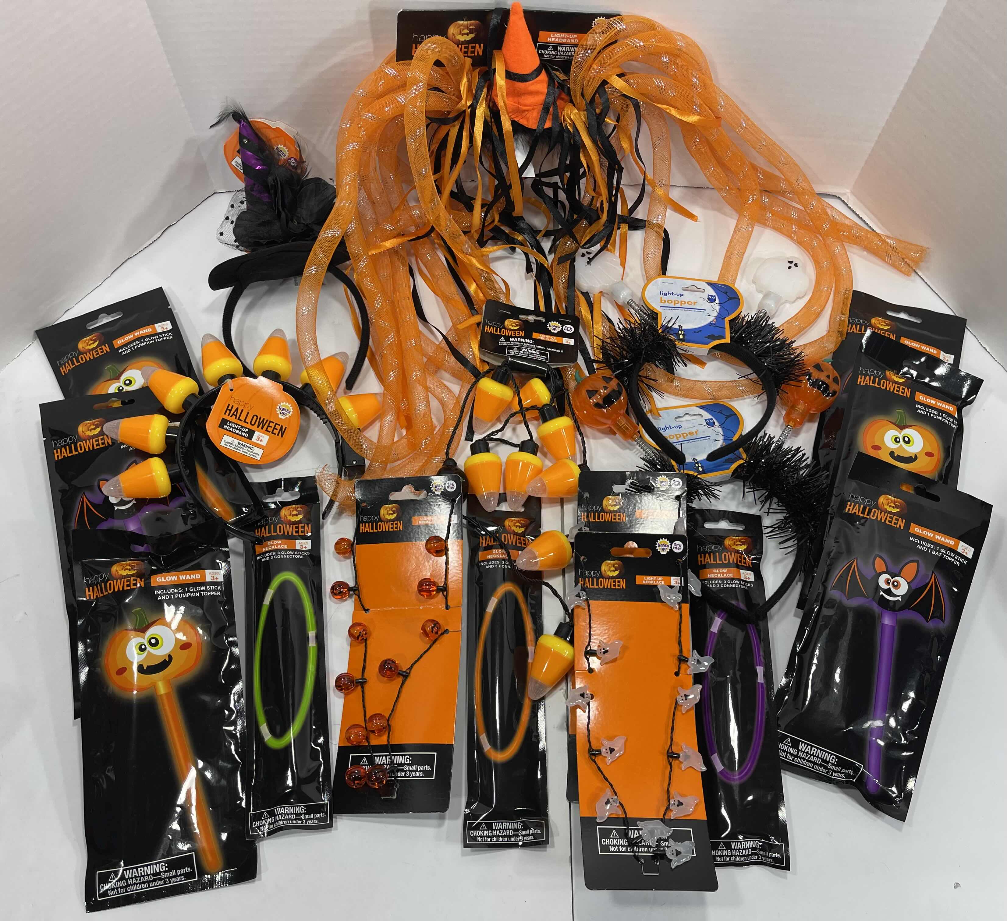 Photo 1 of HALLOWEEN LIGHT-UPS LOT (18 ITEMS) - HEADBANDS, NECKLACES & GLOW WANDS MSRP $50