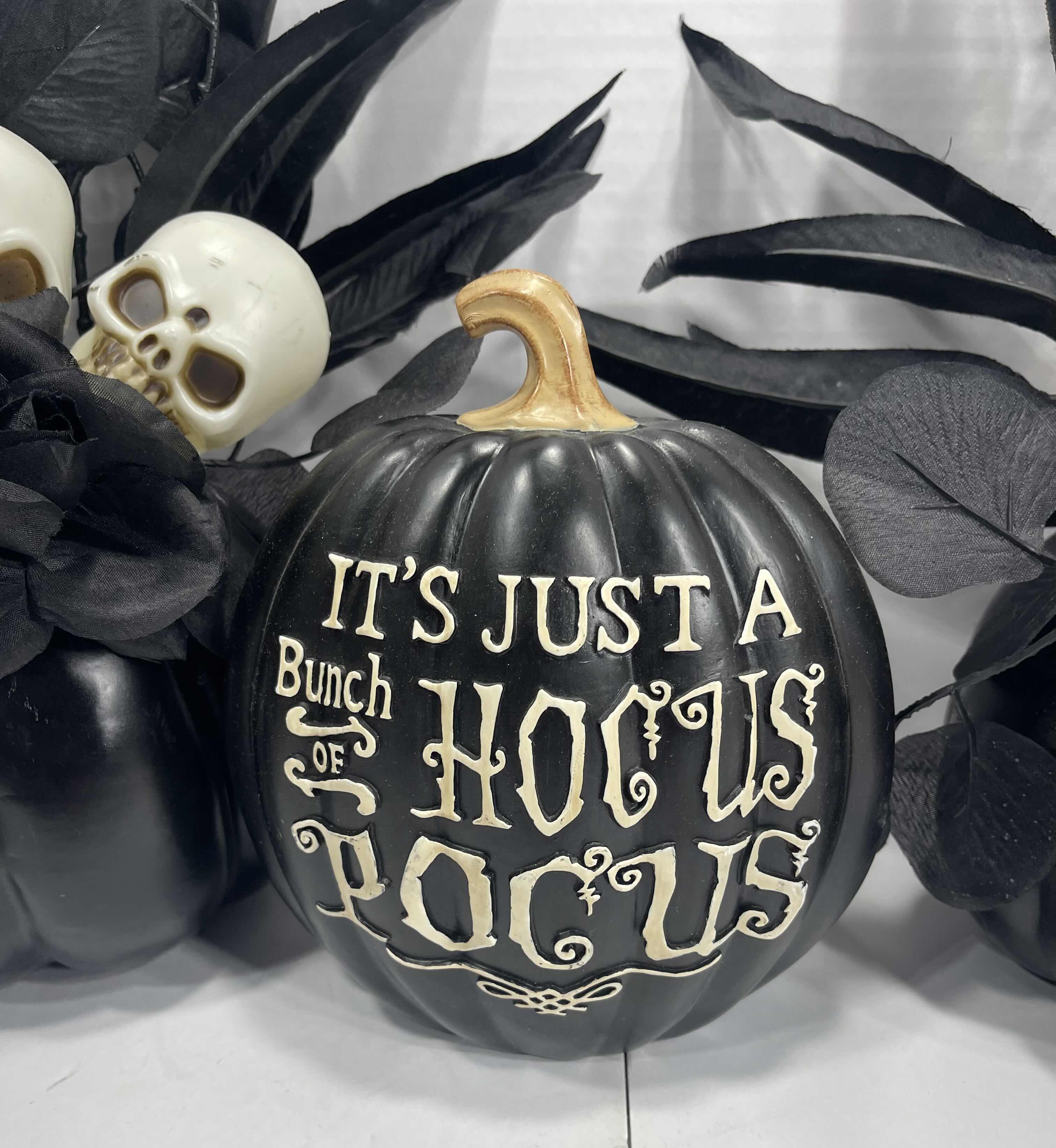 Photo 4 of HALLOWEEN TABLE TOP DECOR (4 ITEMS) BLACK PUMPKIN SKULL FLOWER ARRANGEMENT (2), IT’S ALL JUST HOCUS POCUS PUMPKIN & LIGHT-UP EYES RAVEN