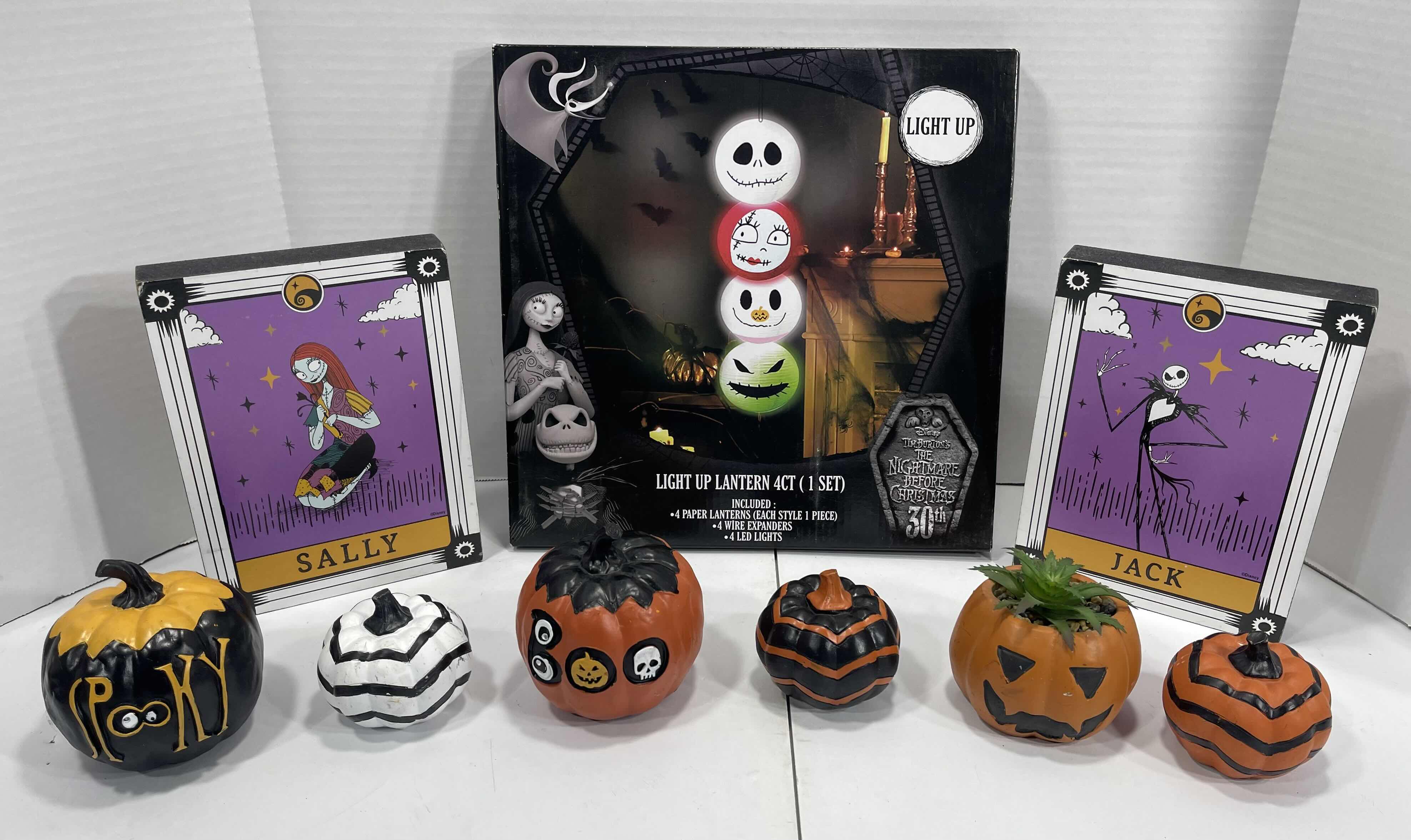 Photo 1 of DISNEY’S NIGHTMARE BEFORE CHRISTMAS LANTERN SET, JACK & SALLY WOOD TABLE TOP DECOR & ASSORTED HALLOWEEN MINI PUMPKINS (6)