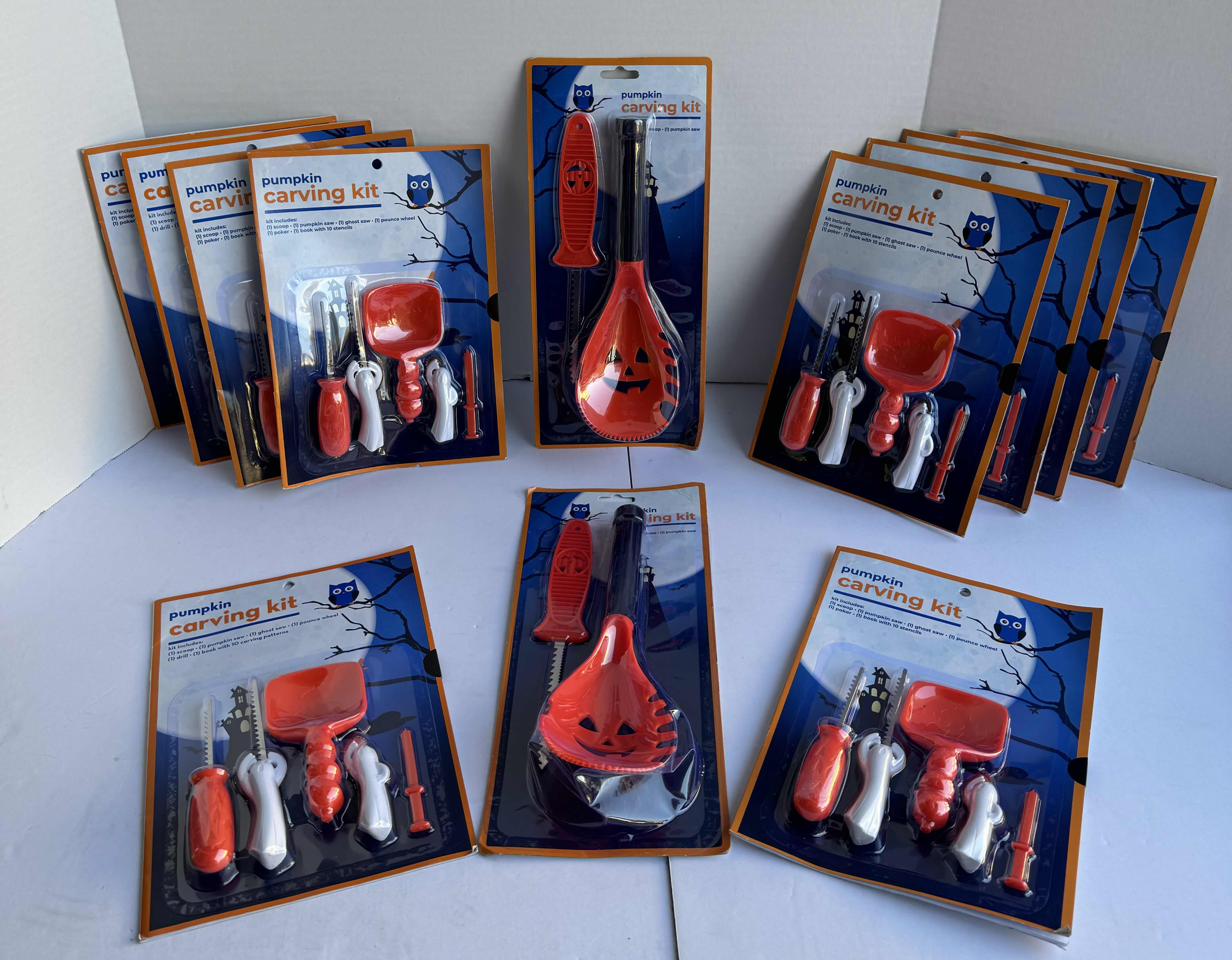 Photo 1 of HALLOWEEN PUMPKIN CARVING KIT WITH STENCILS, PUMPKIN SCOOP AND SAW (LOT OF 12)  MSRP $70