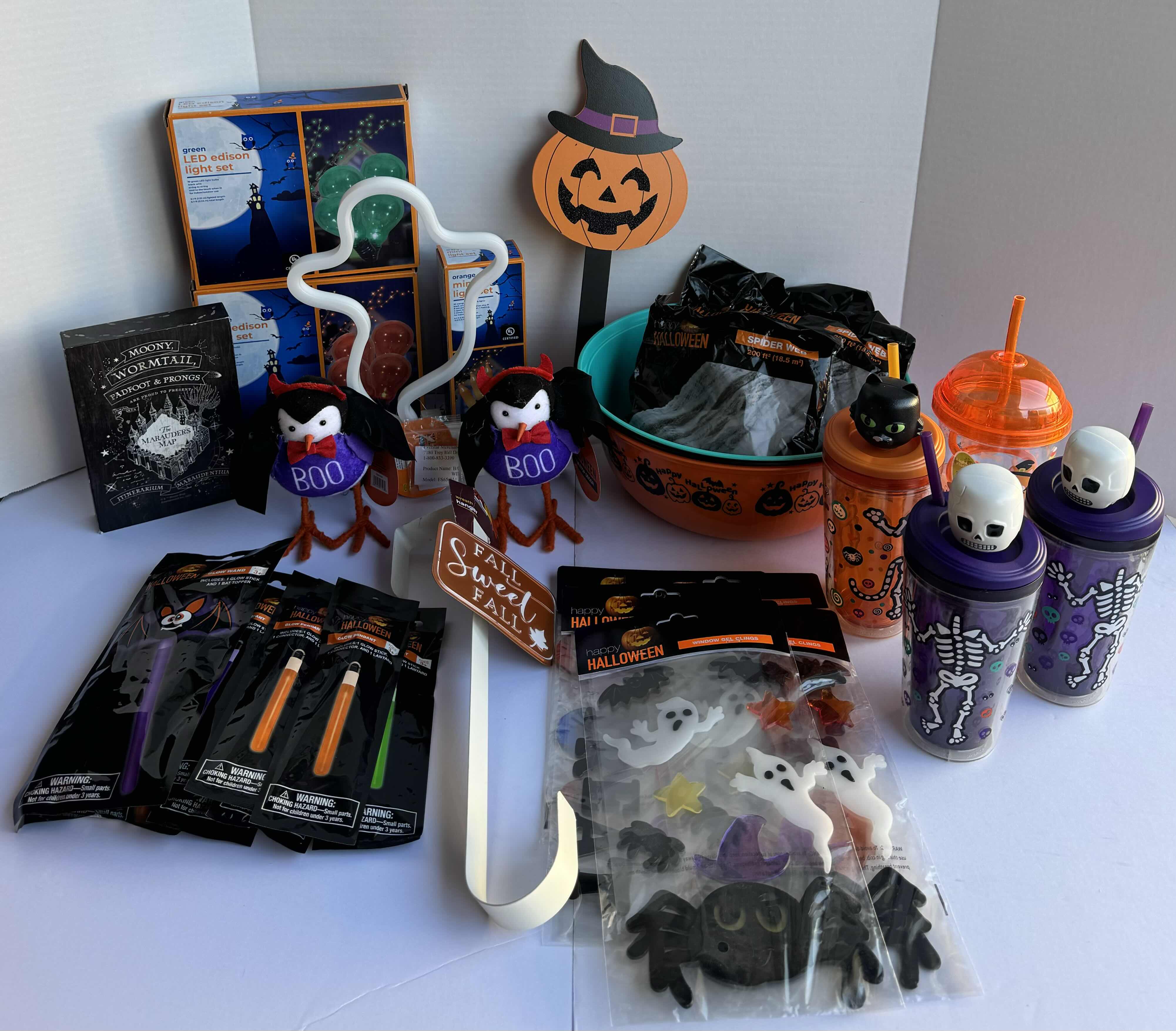 Photo 1 of HALLOWEEN TABLE TOP DECOR LARGE ASSORTMENT - CANDY BOWLS, LIGHT SETS, GLOW STICKS, HALLOWEEN CUPS, WOOD DISPLAYS AND MORE MSRP $70