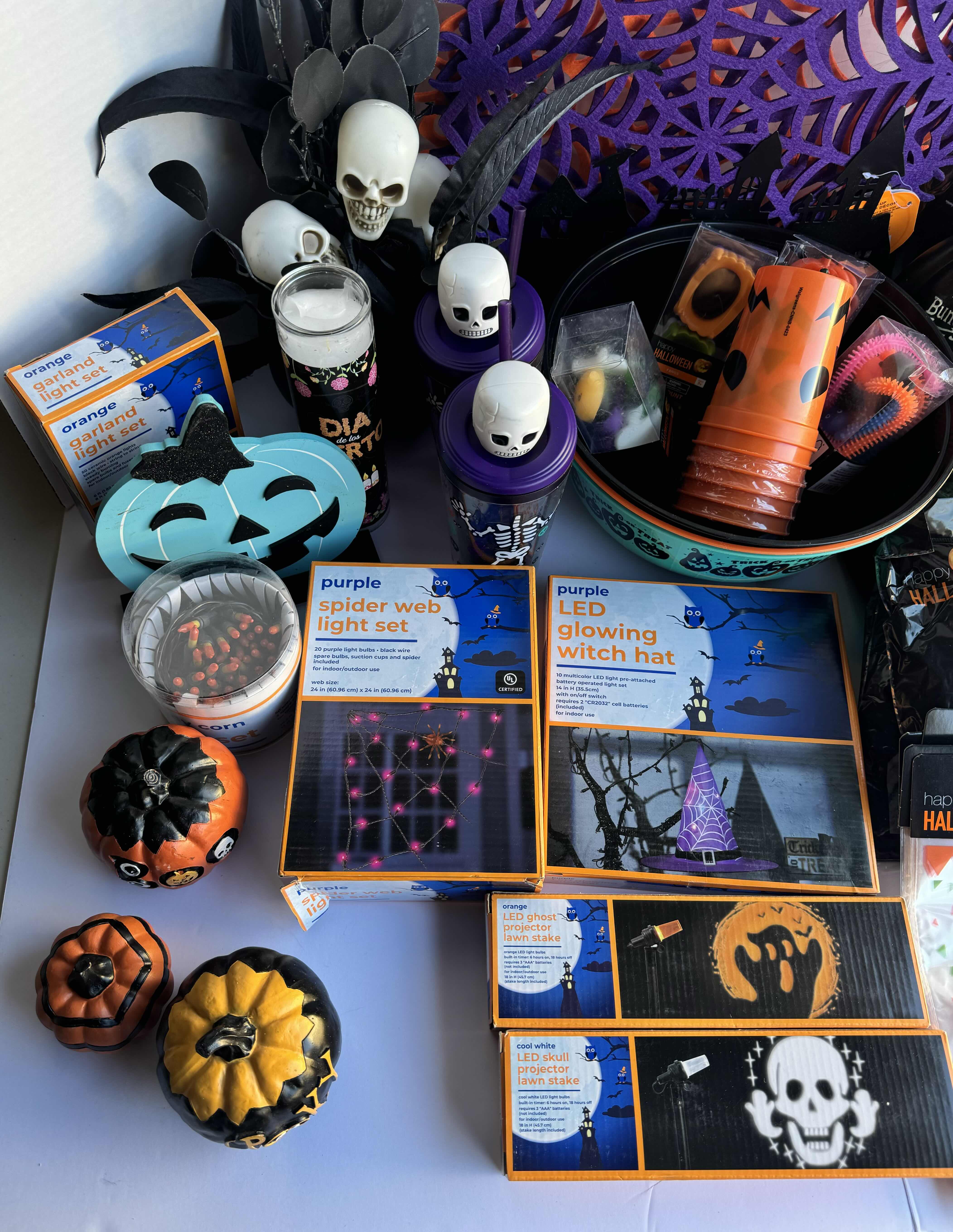 Photo 2 of HALLOWEEN TABLE TOP DECOR LARGE ASSORTMENT - CANDY BOWLS, LIGHT SETS, GLOW STICKS, HALLOWEEN CUPS, WOOD DISPLAYS, RESIN PUMPKINS AND MORE MSRP $70