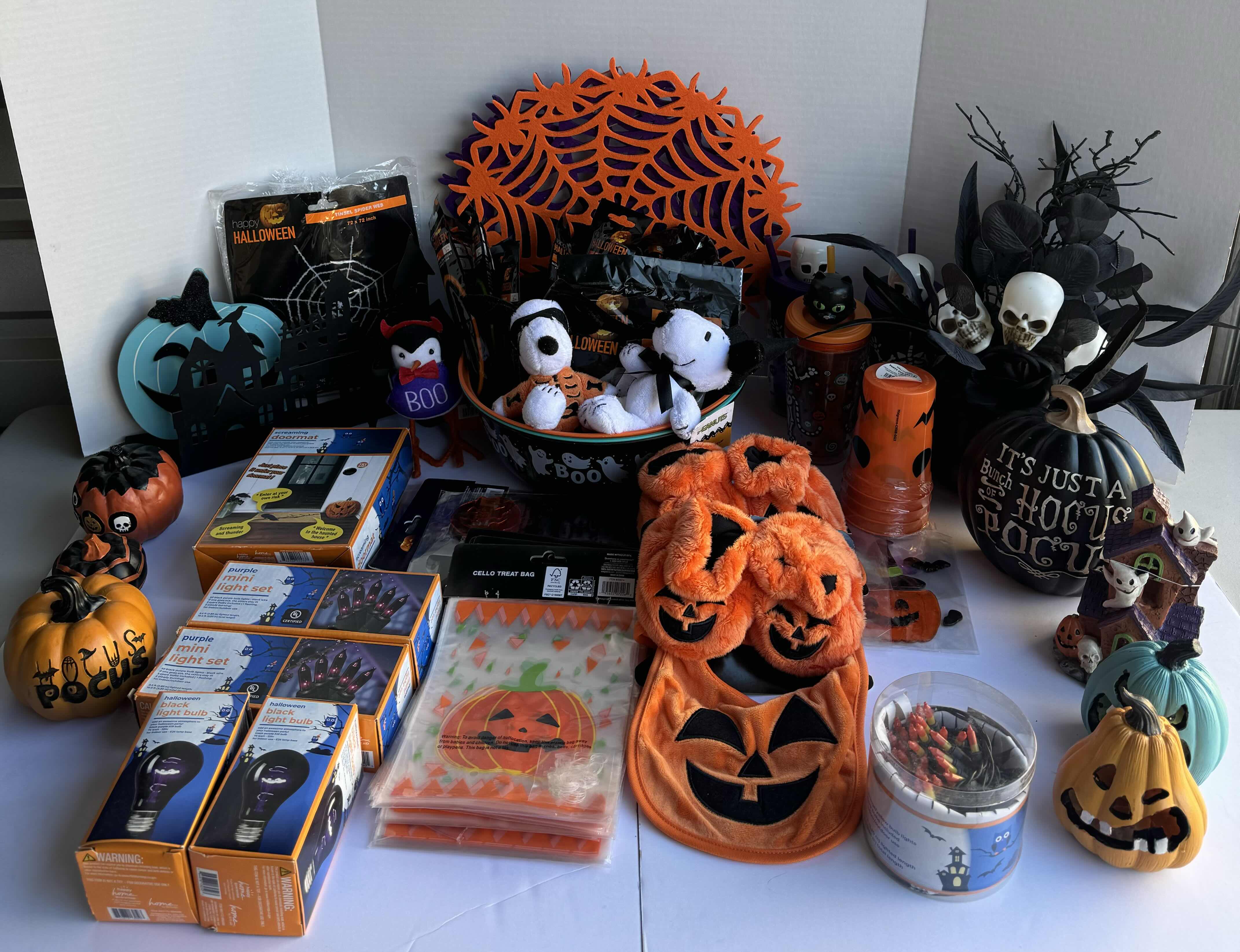 Photo 1 of HALLOWEEN TABLE TOP DECOR LARGE ASSORTMENT - CANDY BOWLS, LIGHT SETS, GLOW STICKS, HALLOWEEN CUPS, WOOD DISPLAYS, RESIN PUMPKINS AND MORE MSRP $70