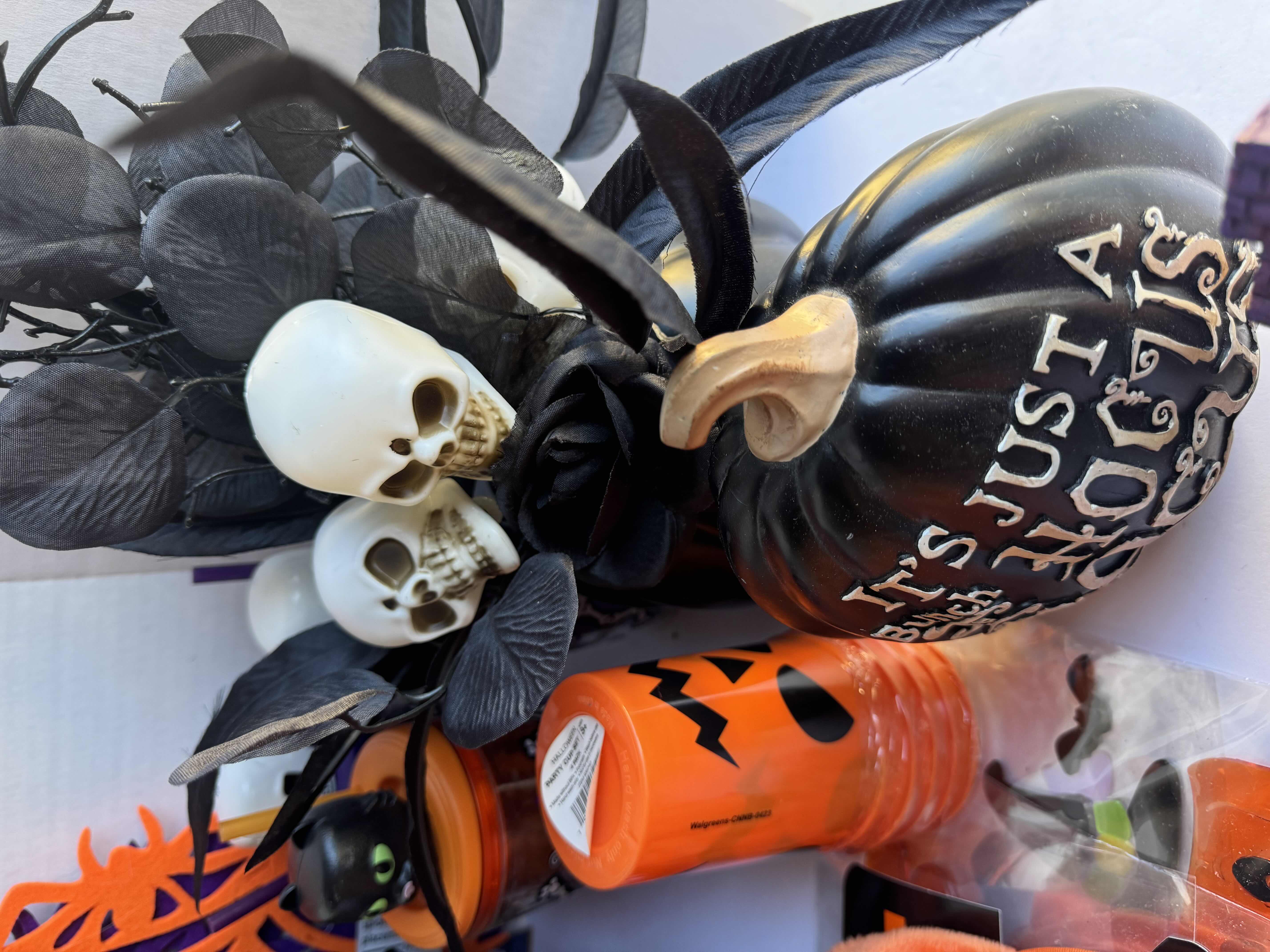 Photo 4 of HALLOWEEN TABLE TOP DECOR LARGE ASSORTMENT - CANDY BOWLS, LIGHT SETS, GLOW STICKS, HALLOWEEN CUPS, WOOD DISPLAYS, RESIN PUMPKINS AND MORE MSRP $70