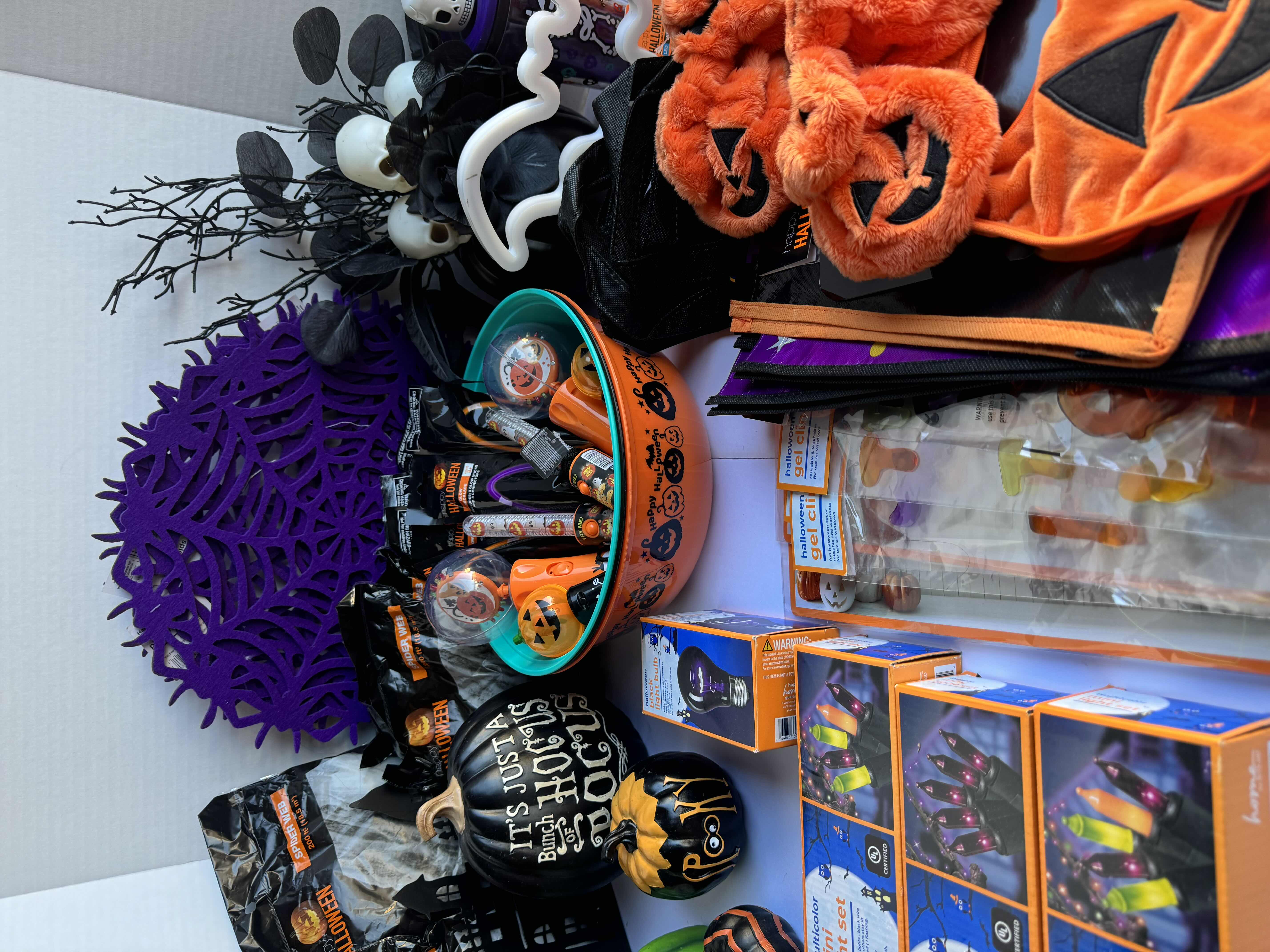 Photo 3 of HALLOWEEN TABLE TOP DECOR LARGE ASSORTMENT - CANDY BOWLS, LIGHT SETS, GLOW STICKS, HALLOWEEN CUPS, WOOD DISPLAYS, RESIN PUMPKINS, TOYS AND MORE MSRP $70