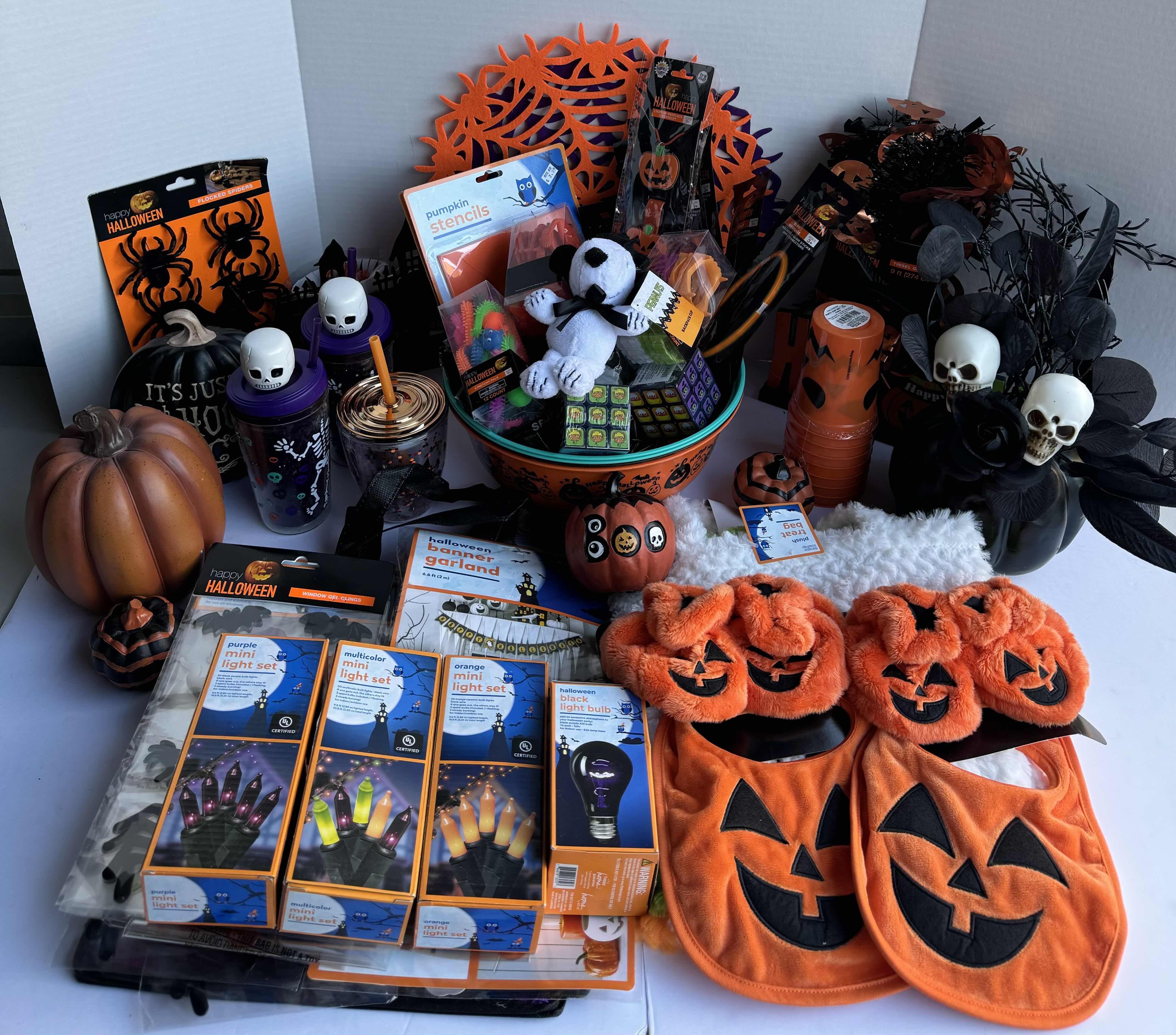 Photo 1 of HALLOWEEN TABLE TOP DECOR LARGE ASSORTMENT - CANDY BOWLS, LIGHT SETS, GLOW STICKS, HALLOWEEN CUPS, WOOD DISPLAYS, RESIN PUMPKINS, TOYS AND MORE MSRP $70