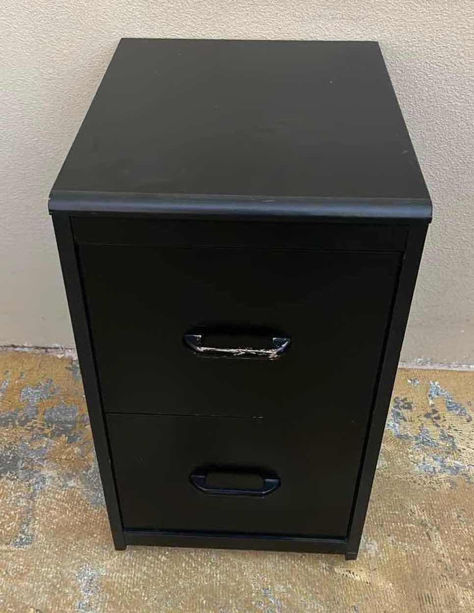 Photo 2 of BLACK WOOD LAMINATE 2 DRAWER ROLLING FILE CABINET 16” X 20.5” H28”