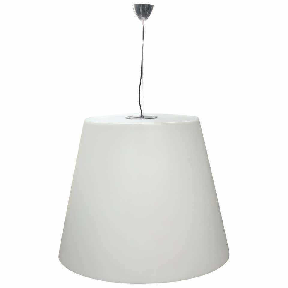 Photo 2 of CHARLES WILLIAMS AMAX FONTANA ARTE 2003 LARGE POLYETHYLENE WHITE FINISH SHADE CHROME FINISH CEILING MOUNT HANGING 3 LIGHT PENDENT LIGHT FIXTURE 42.75” X 36”