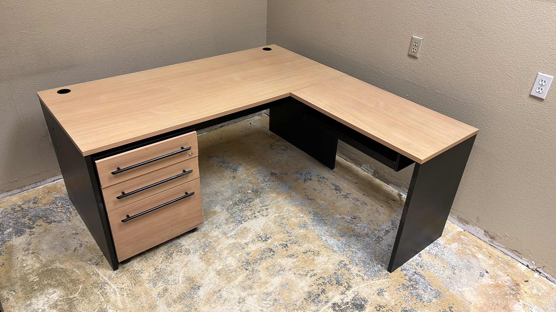 Photo 2 of WOODGRAIN & BLACK FINISH LAMINATE L SHAPE COMPUTER DESK W ROLLING 3 DRAWER CABINET 65” X 65.75” H29”