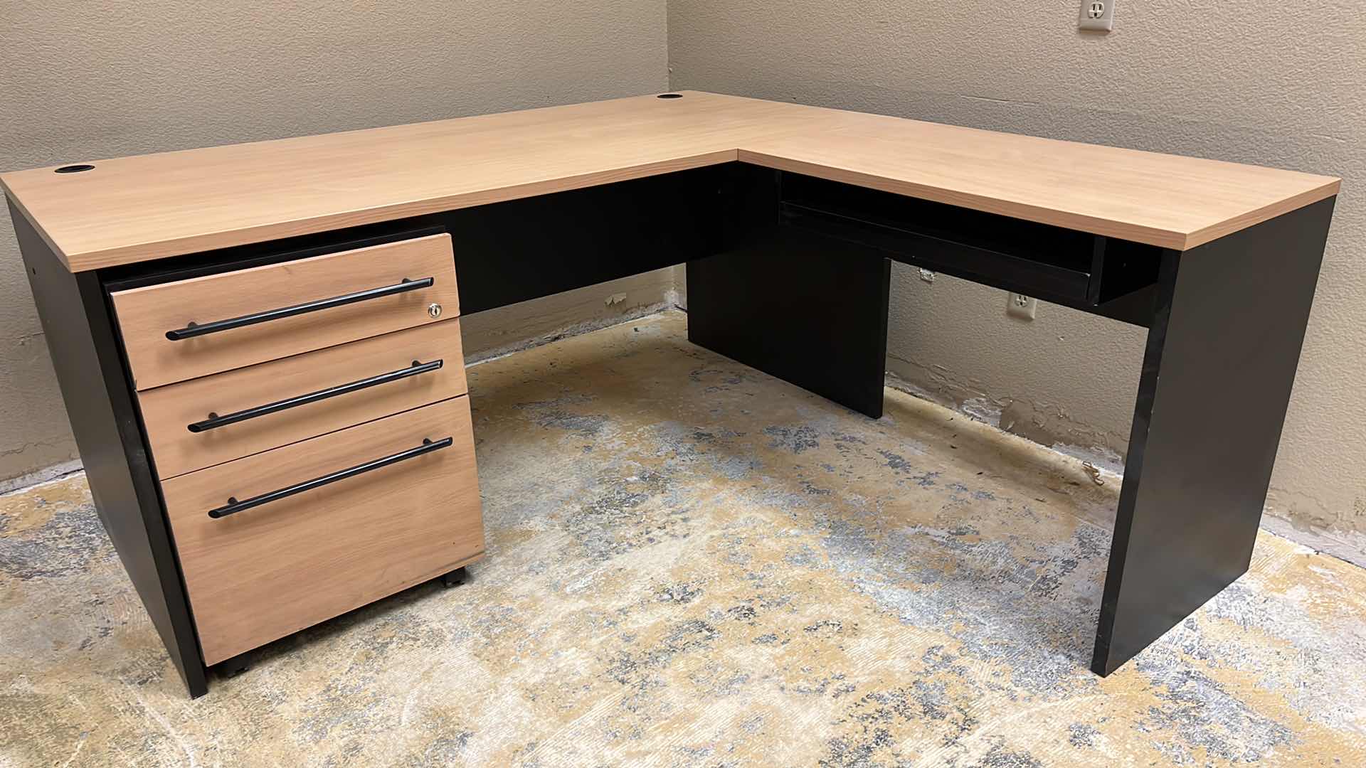 Photo 1 of WOODGRAIN & BLACK FINISH LAMINATE L SHAPE COMPUTER DESK W ROLLING 3 DRAWER CABINET 65” X 65.75” H29”