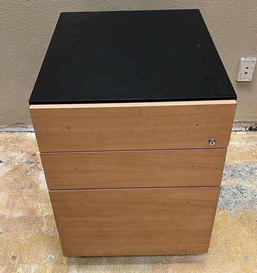 Photo 2 of WOODGRAIN & BLACK LAMINATE FINISH ROLLING FILE CABINET 20” X 24” H27”