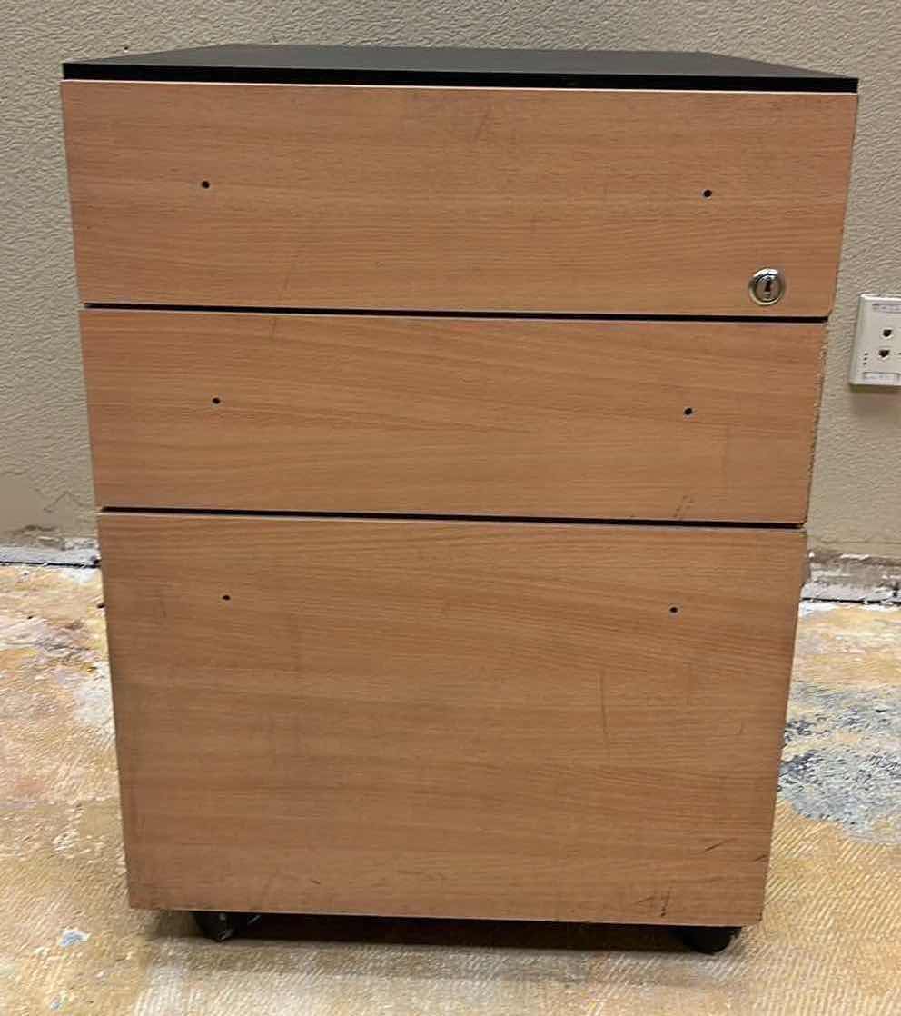 Photo 1 of WOODGRAIN & BLACK LAMINATE FINISH ROLLING FILE CABINET 20” X 24” H27”