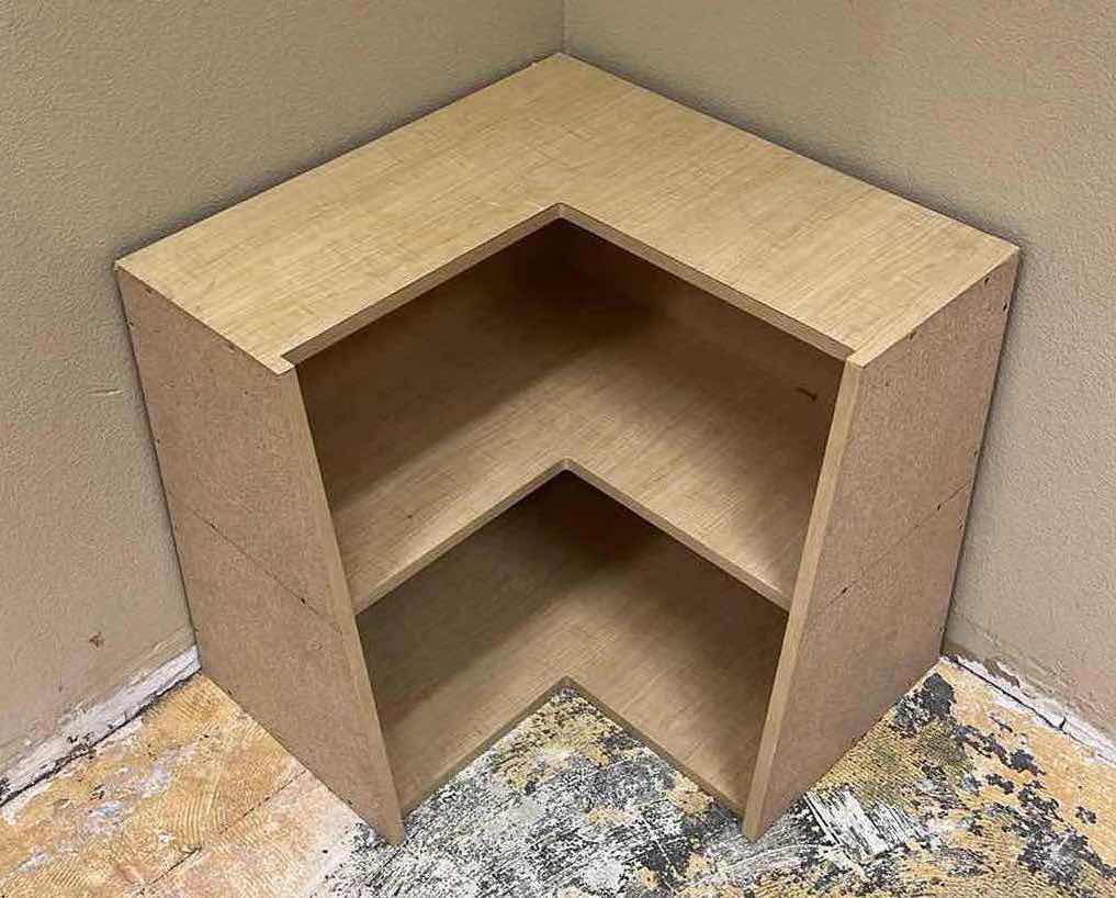 Photo 2 of WOODGRAIN FINISH LAMINATE CORNER OFFICE BOOKSHELF 28.5” X 27.5” H26.5”