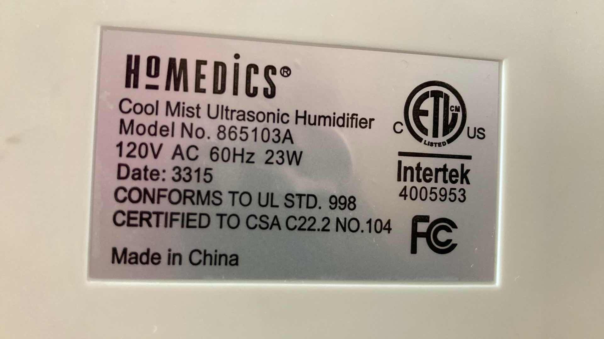 Photo 5 of HOMEDICS COOL MIST HUMIDIFIER MODEL 865103A