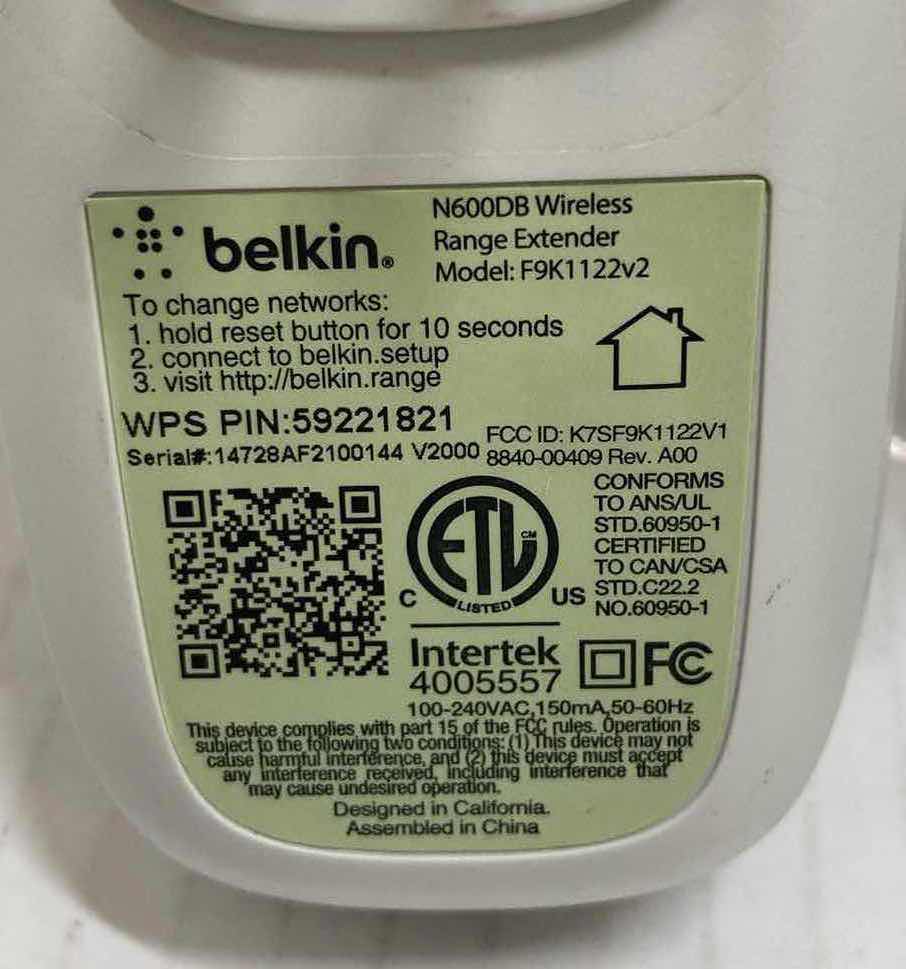 Photo 3 of BELKIN WIFI RANGE EXTENDERS MODEL F9K1122V2