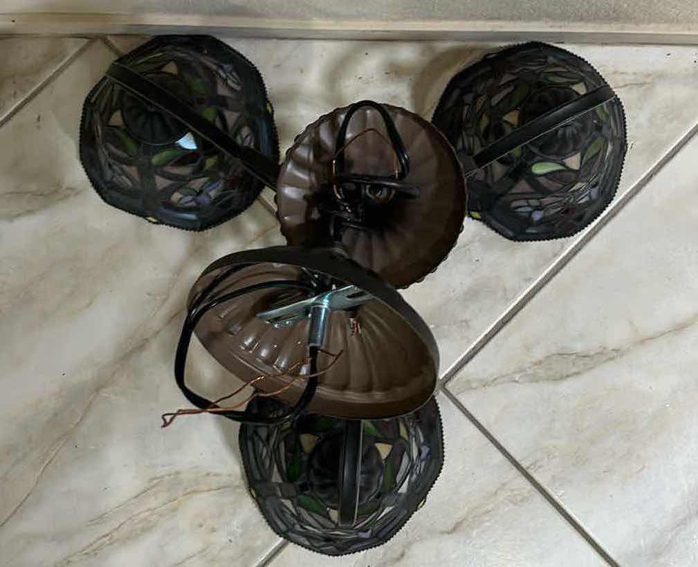 Photo 7 of TIFFANY STYLE AGED BRONZE FINISH STAINED GLASS 3 LIGHT SHADE HANGING PENDANT LIGHT FIXTURE 21.5” X 20.5” H26”