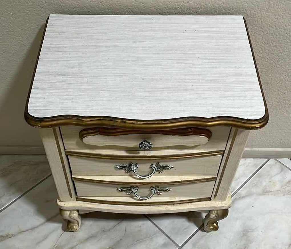 Photo 2 of VINTAGE CREAM & ACCENTED GOLD FINISH FRENCH COTTAGE STYLE 2 DRAWER NIGHTSTAND 20” X 14” H24”