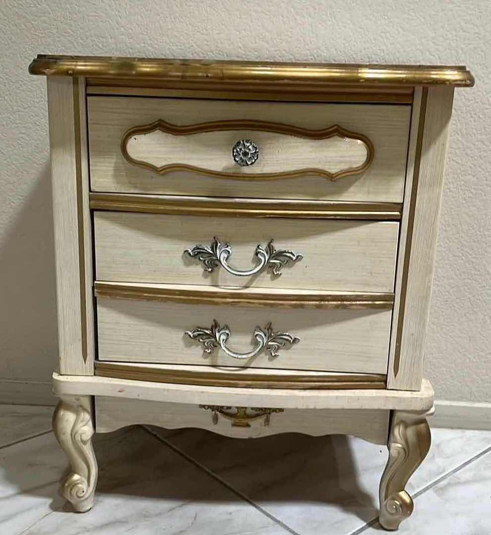 Photo 1 of VINTAGE CREAM & ACCENTED GOLD FINISH FRENCH COTTAGE STYLE 2 DRAWER NIGHTSTAND 20” X 14” H24”