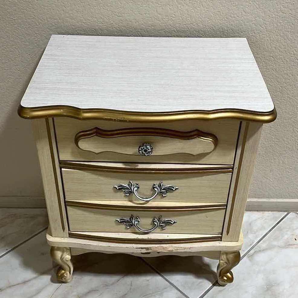 Photo 2 of VINTAGE CREAM & ACCENTED GOLD FINISH FRENCH COTTAGE STYLE 2 DRAWER NIGHTSTAND 20” X 14” H24”