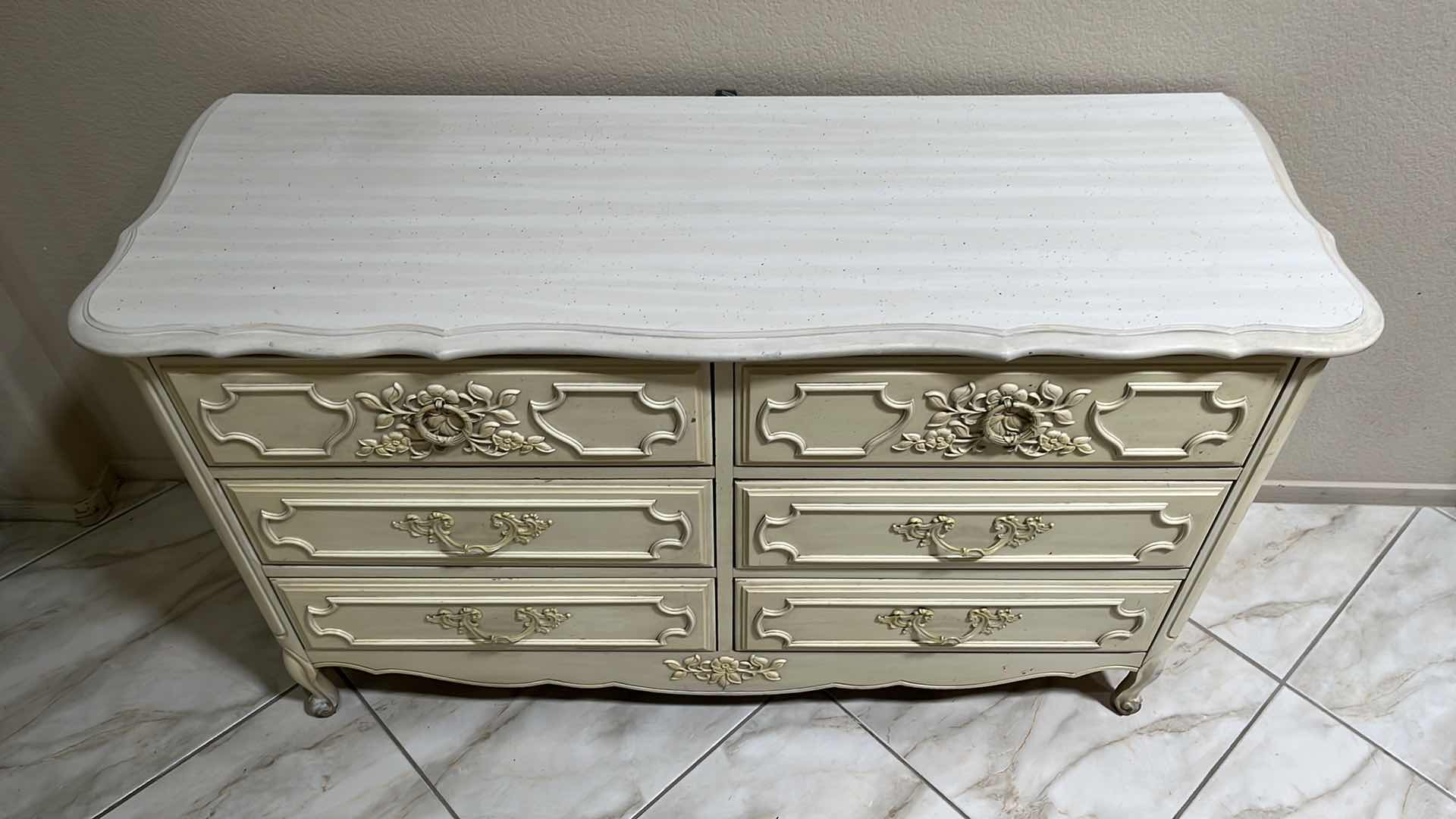 Photo 2 of VINTAGE CREAM & OFF-WHITE FINISH FRENCH COTTAGE STYLE 6 DRAWER DRESSER 50.25” X 18.25” H30”