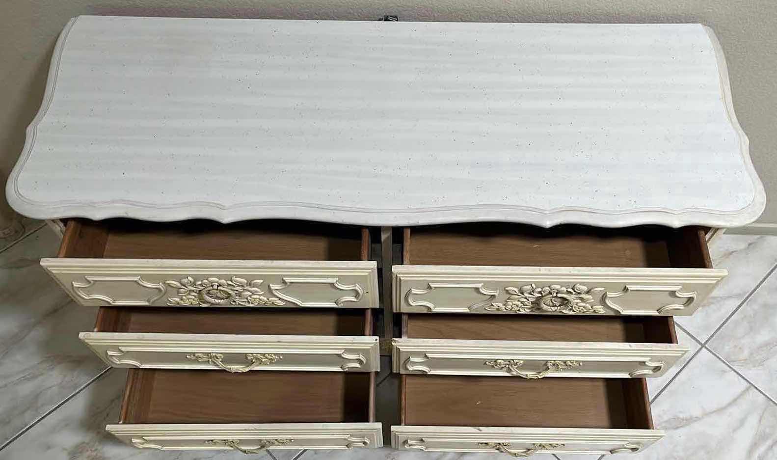 Photo 5 of VINTAGE CREAM & OFF-WHITE FINISH FRENCH COTTAGE STYLE 6 DRAWER DRESSER 50.25” X 18.25” H30”