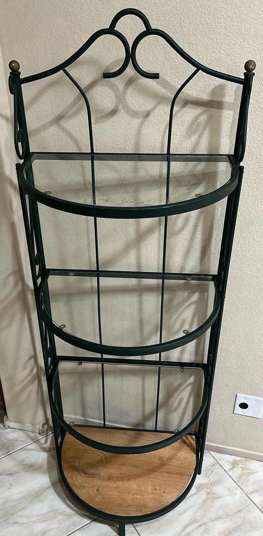 Photo 2 of DARK GREEN FINISH METAL 3 TIER GLASS SHELF BAKERS RACK 27” X 17.25” H75”