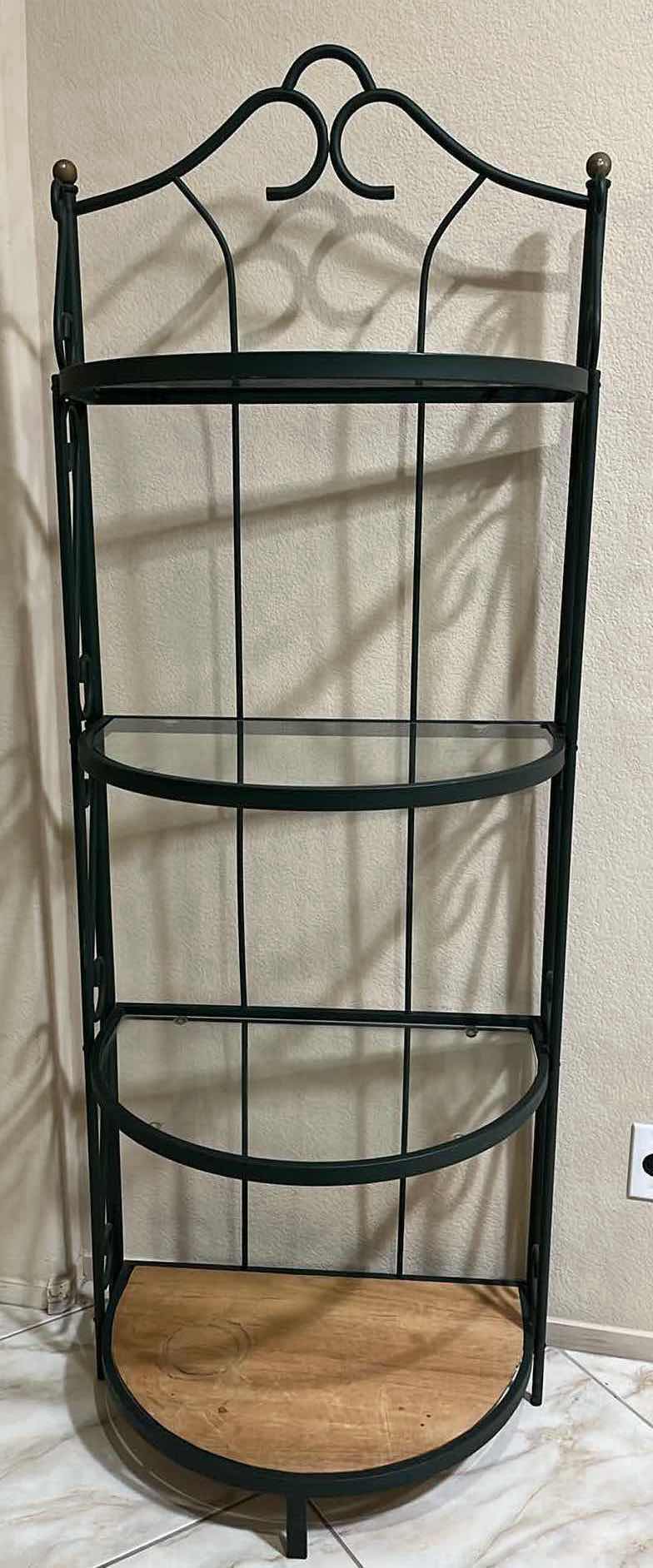 Photo 1 of DARK GREEN FINISH METAL 3 TIER GLASS SHELF BAKERS RACK 27” X 17.25” H75”