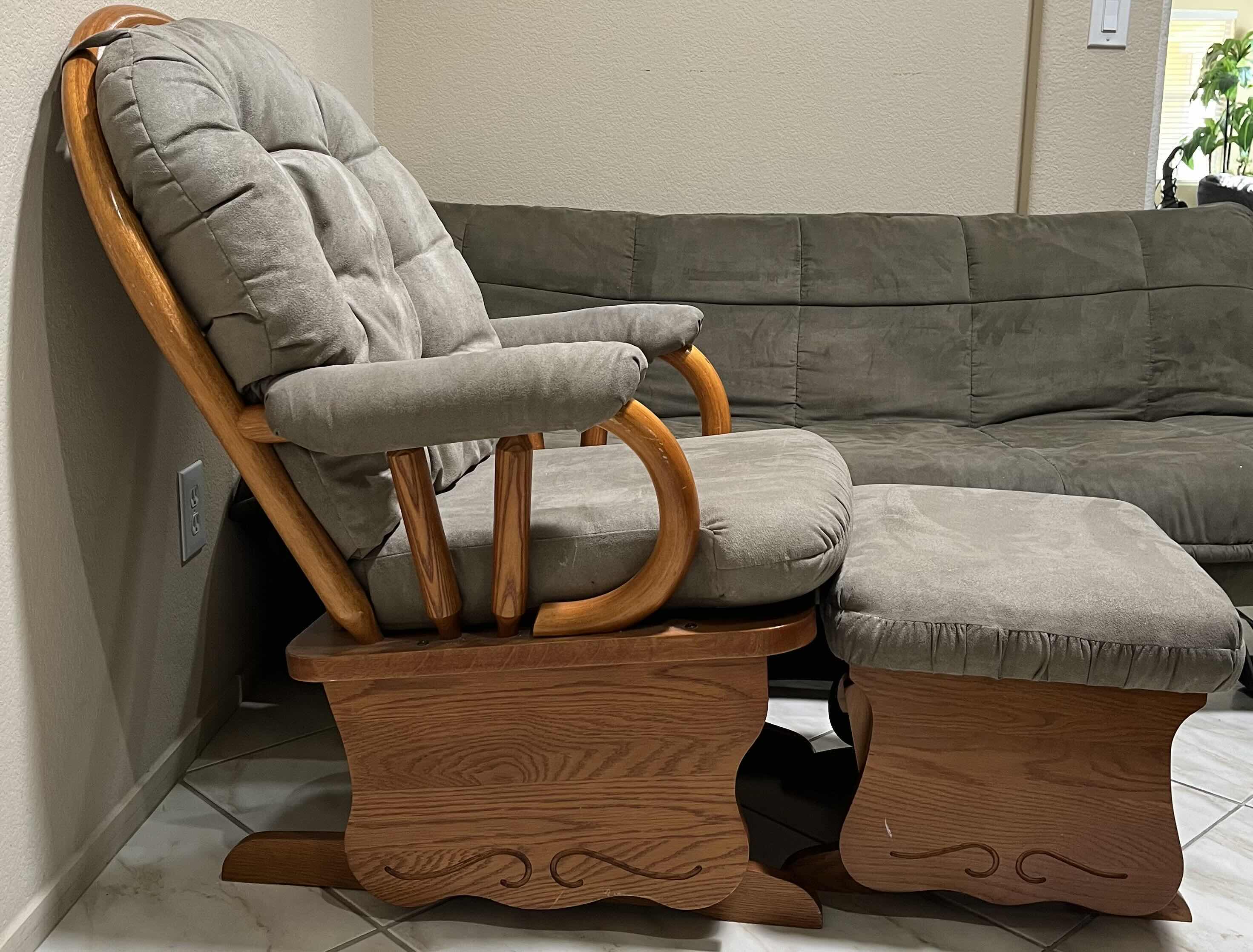 Photo 3 of BEST HOME FURNISHINGS GRAY MICRO DENIER SUEDE WOOD FRAMED GLIDER ROCKING CHAIR 26.5” X 28” H39” W OTTOMAN