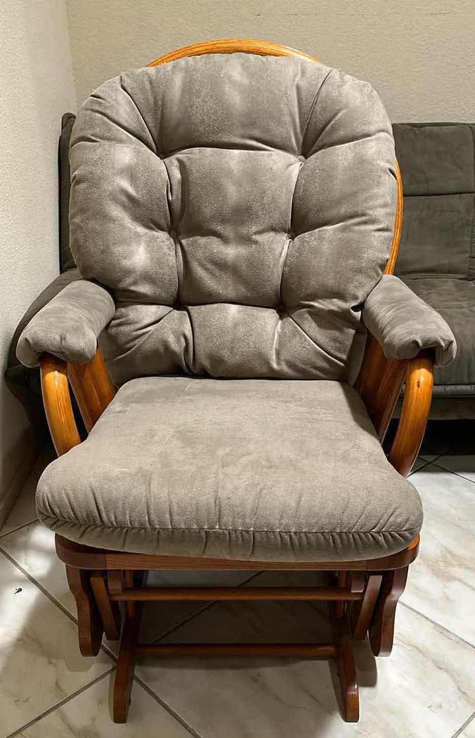 Photo 2 of BEST HOME FURNISHINGS GRAY MICRO DENIER SUEDE WOOD FRAMED GLIDER ROCKING CHAIR 26.5” X 28” H39” W OTTOMAN