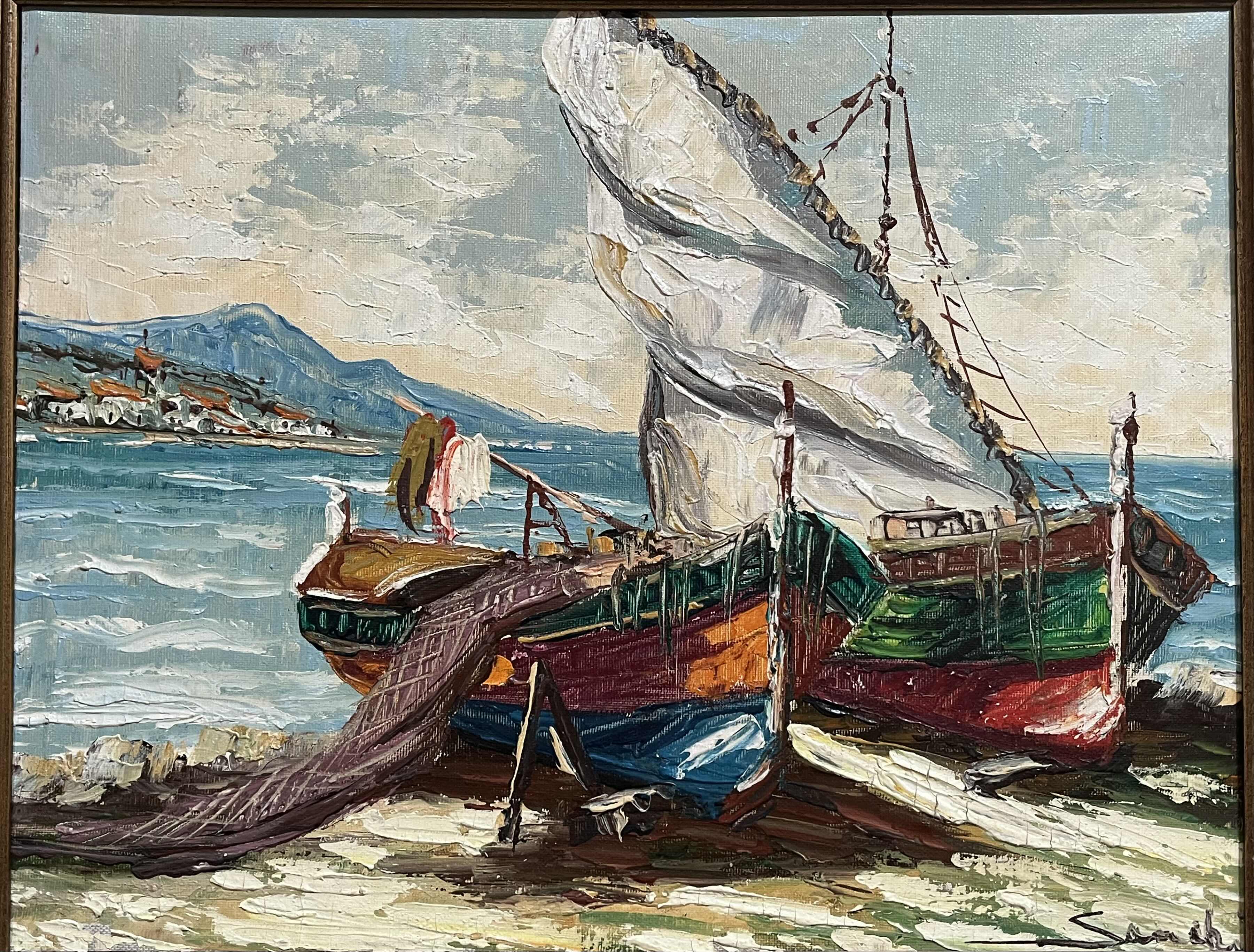 Photo 2 of BEACHED FISHING BOATS OIL PAINTING SIGNED BY ARTIST FRAMED CANVAS ARTWORK 25.5” X 23.5”