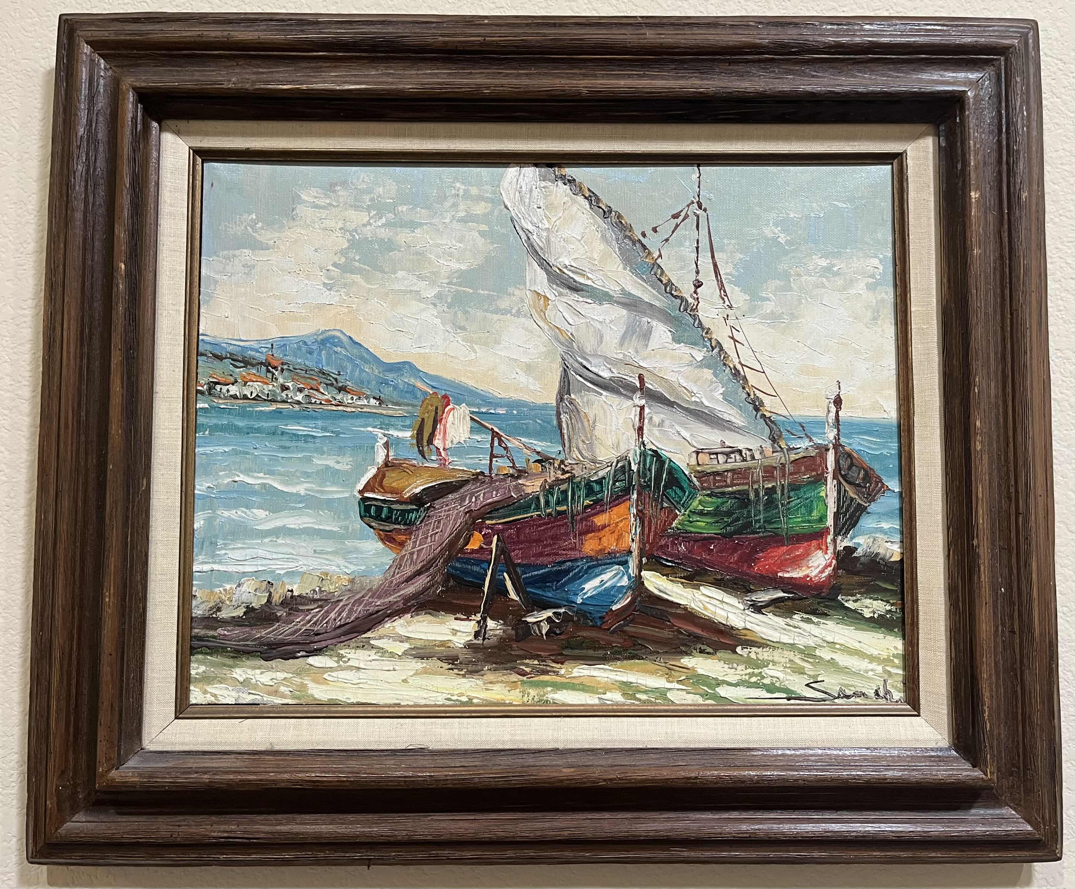 Photo 1 of BEACHED FISHING BOATS OIL PAINTING SIGNED BY ARTIST FRAMED CANVAS ARTWORK 25.5” X 23.5”