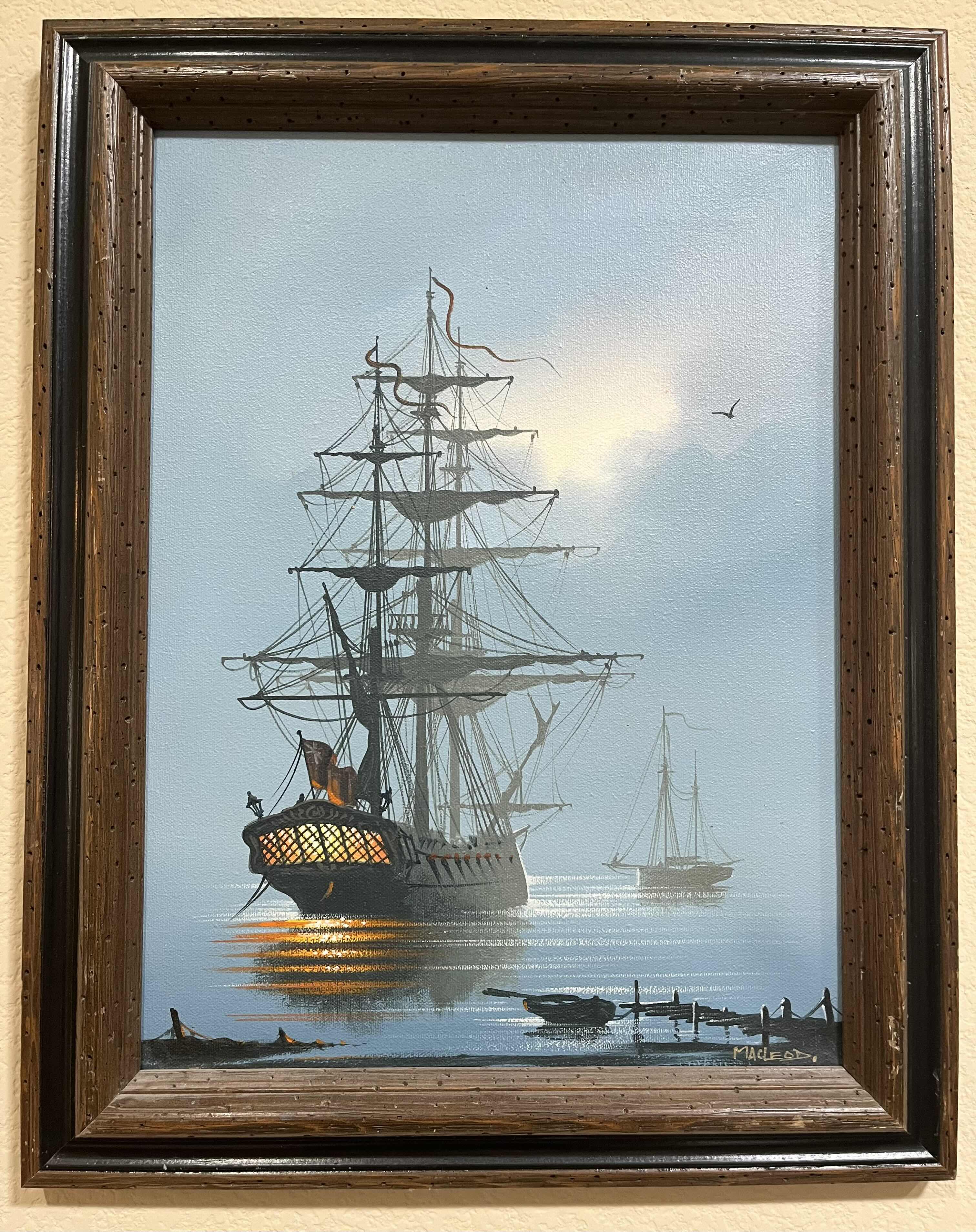 Photo 1 of MAN O WAR SHIP PAINTING SIGNED BY MACLEOD FRAMED CANVAS ARTWORK 15.5” X 19.5”