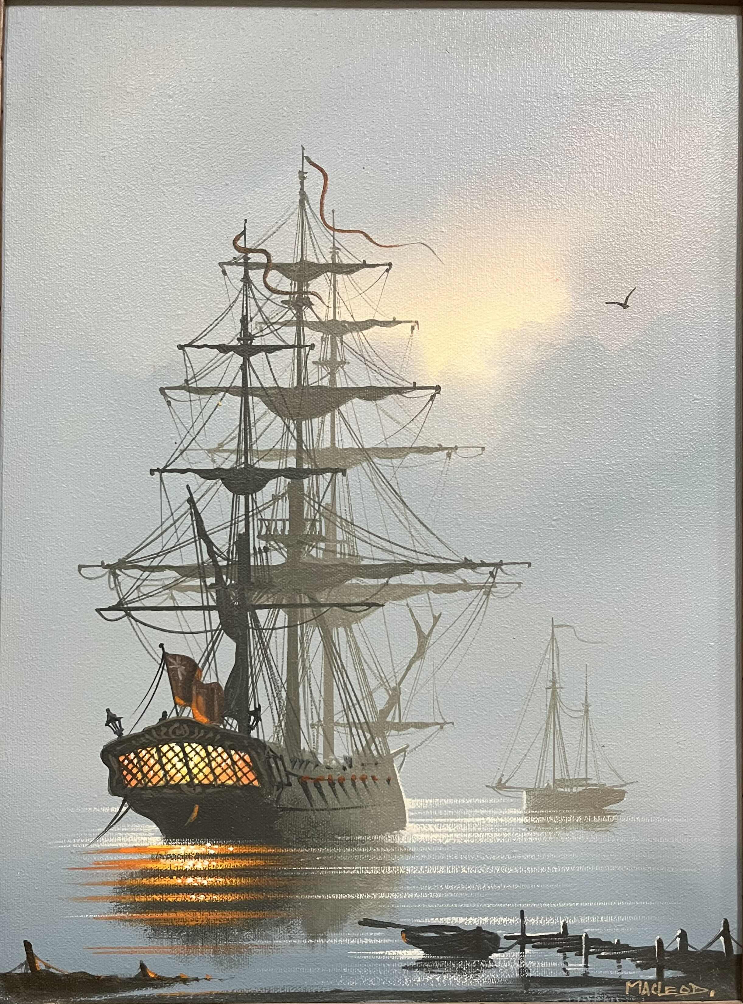 Photo 2 of MAN O WAR SHIP PAINTING SIGNED BY MACLEOD FRAMED CANVAS ARTWORK 15.5” X 19.5”