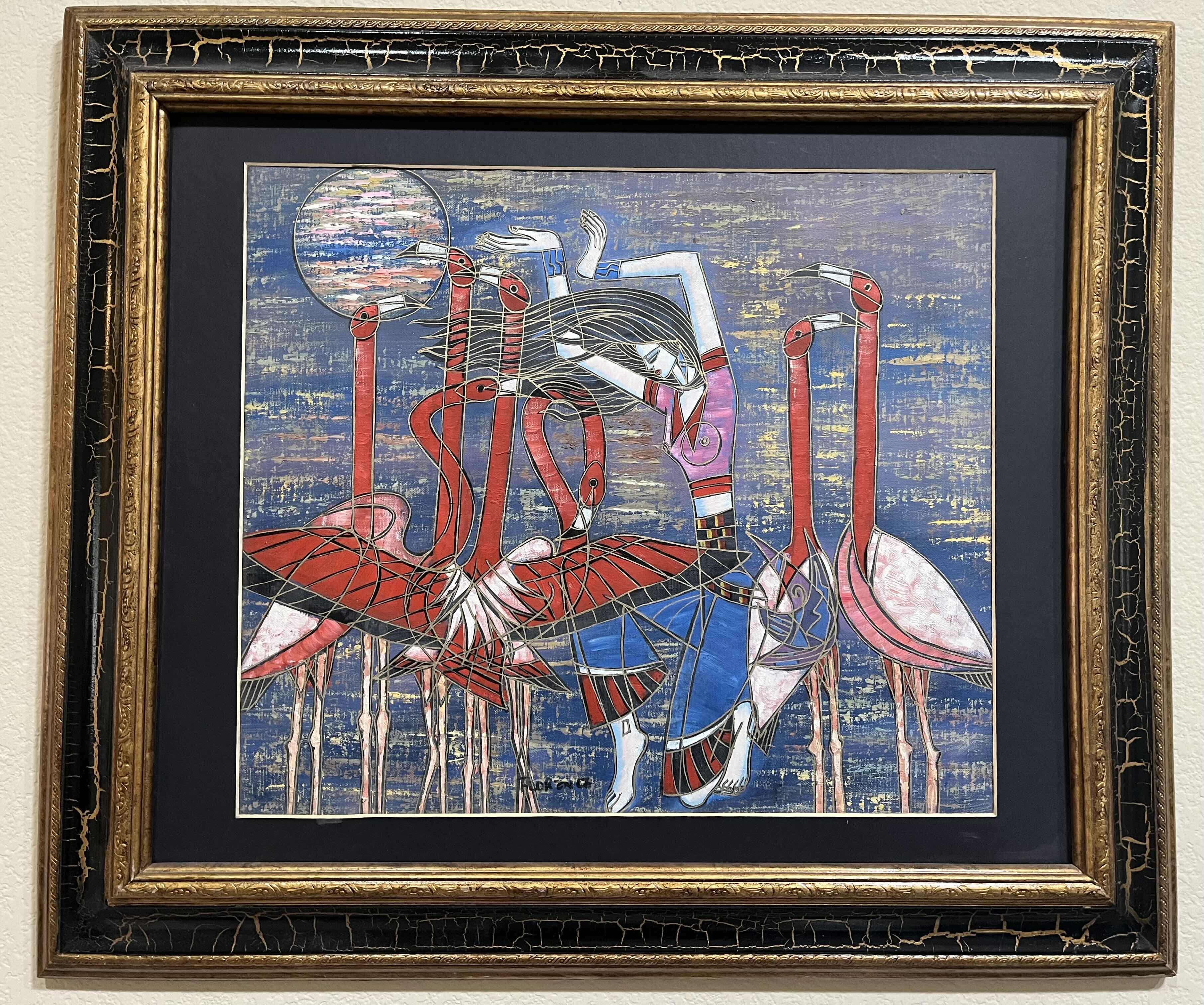 Photo 1 of WOMEN AMONG FLAMINGOS PAINTING BY TING SHAO KUANG SIGNED BY FLORENCE FRAMED CANVAS ARTWORK 27.5” X 23.5”