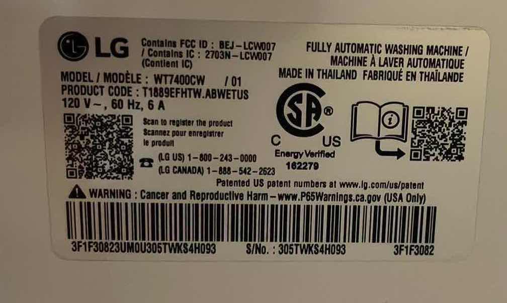 Photo 9 of LG TURBO WASH 3D TECH MEGA CAPACITY 5.5CUFT TOP LOAD SMART WASHER MODEL WT7400CW (READ NOTES)