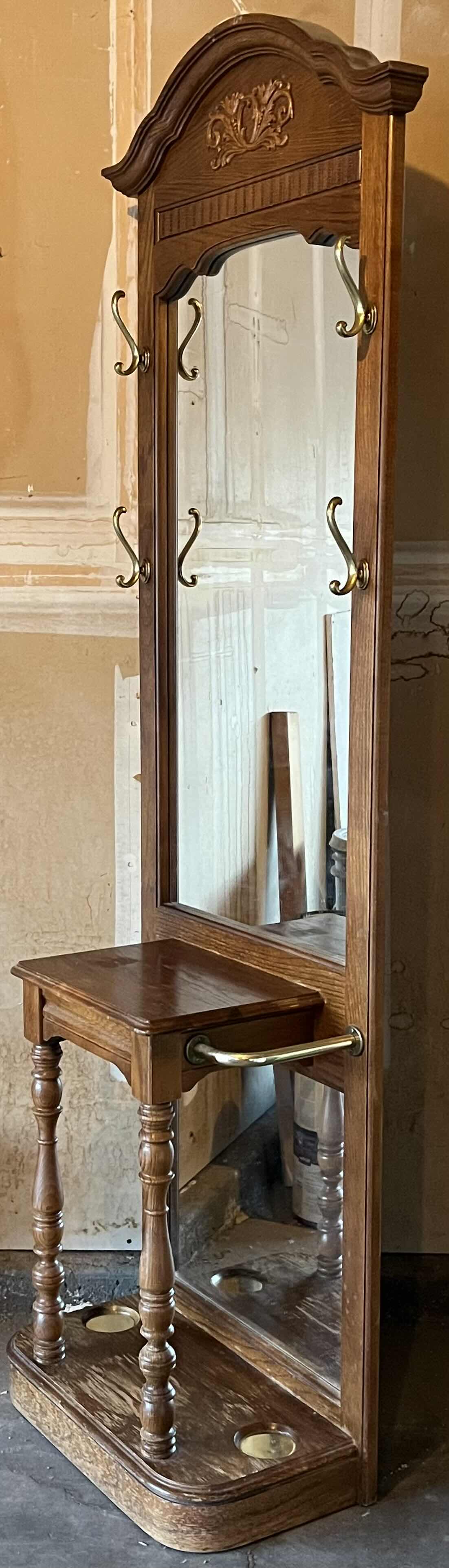 Photo 5 of VINTAGE DARK OAK FINISH WOOD MIRRORED ENTRYWAY HALL TREE UMBRELLA STAND 24.75” X 13” H82.5”