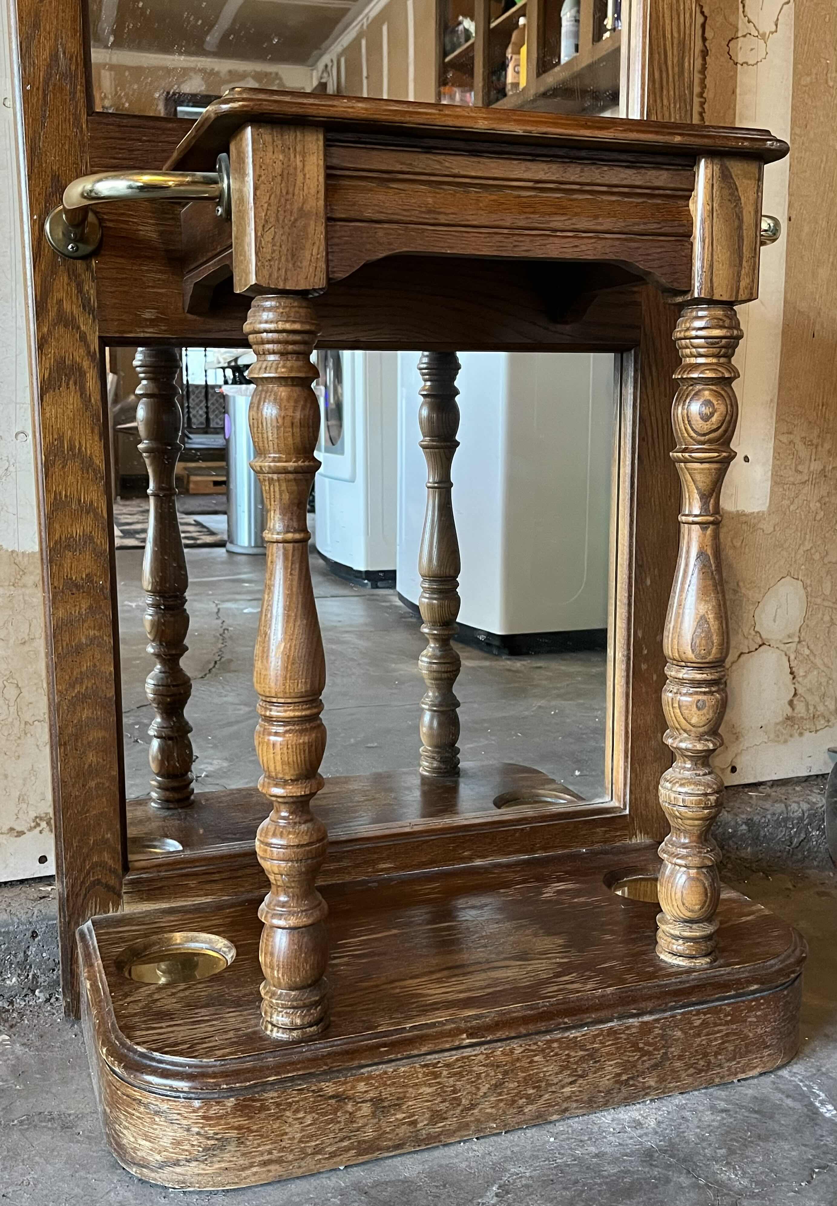 Photo 3 of VINTAGE DARK OAK FINISH WOOD MIRRORED ENTRYWAY HALL TREE UMBRELLA STAND 24.75” X 13” H82.5”