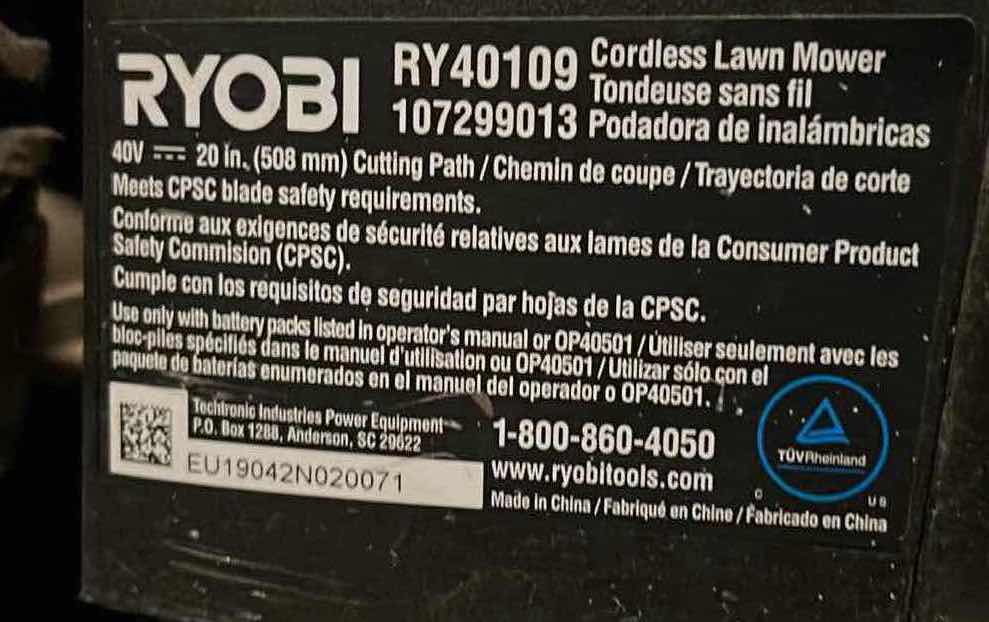 Photo 8 of RYOBI BRUSHLESS SELF PROPELLED ELECTRIC LAWNMOWER W 40V LITHIUM CHARGER MODEL RY40109