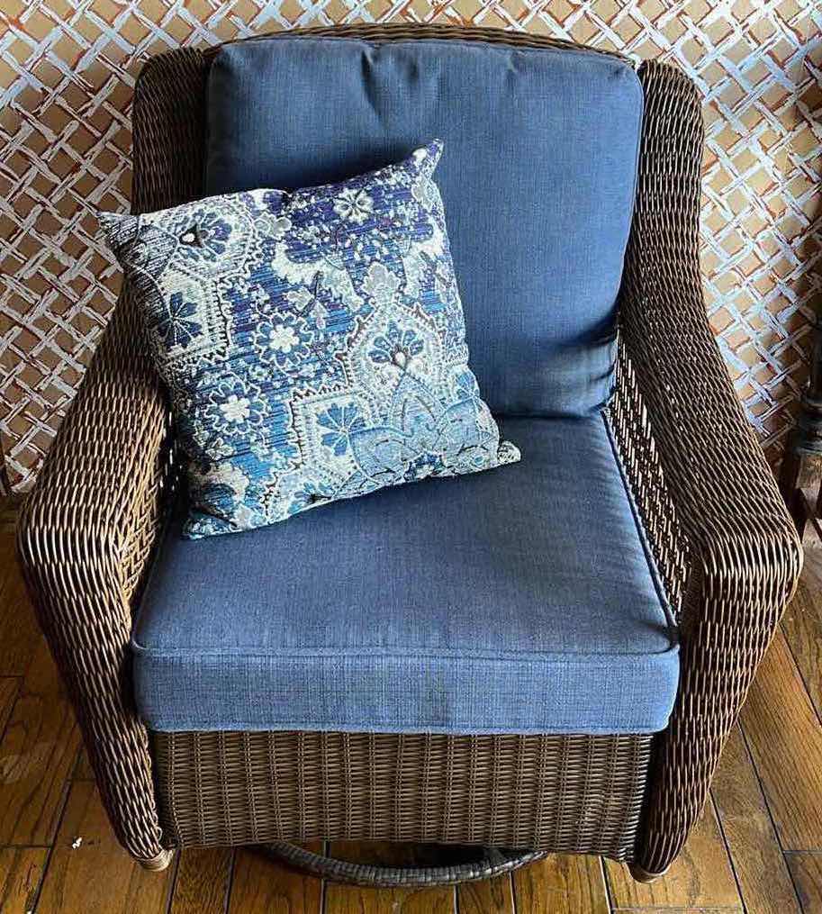 Photo 1 of HAMPTON BAY DARK WOVEN RATTAN ROCKING SWIVEL LOUNGE CHAIR W BLUE CUSHIONS 33.5” X 36” H37.25”