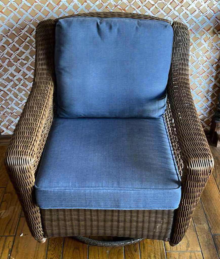 Photo 3 of HAMPTON BAY DARK WOVEN RATTAN ROCKING SWIVEL LOUNGE CHAIR W BLUE CUSHIONS 33.5” X 36” H37.25”