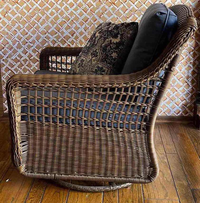 Photo 6 of HAMPTON BAY DARK WOVEN RATTAN ROCKING SWIVEL LOUNGE CHAIR W BLUE CUSHIONS 33.5” X 36” H37.25”