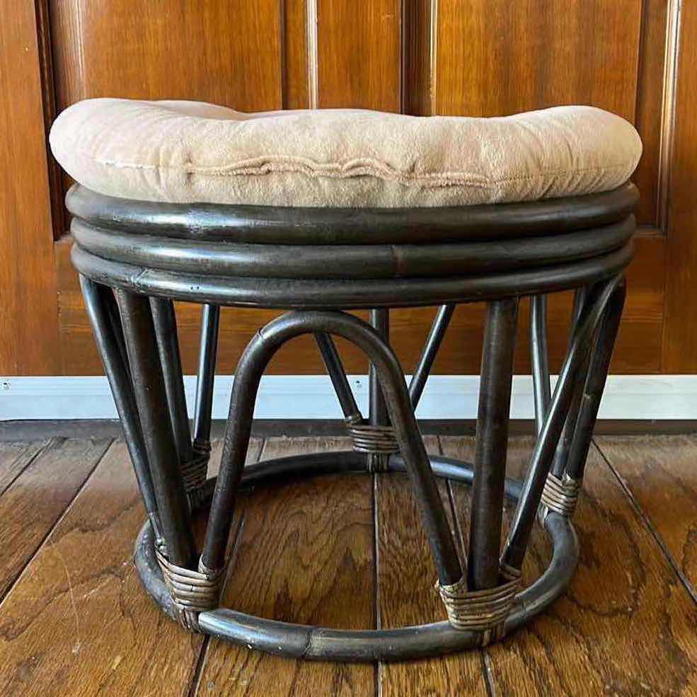 Photo 2 of DARK BAMBOO ROUND BASE CUSHION TOP OTTOMAN 18” X 15”