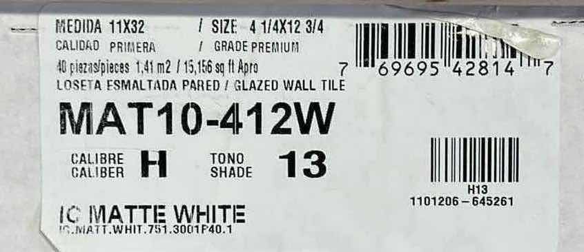 Photo 3 of INTERCERAMIC GLAZED MATTE WHITE FINISH CERAMIC WALL TILE 4.25” X 12.75” (15.156SQFT PER CASE/14CASES APPROX 212.184SQFT TOTAL)