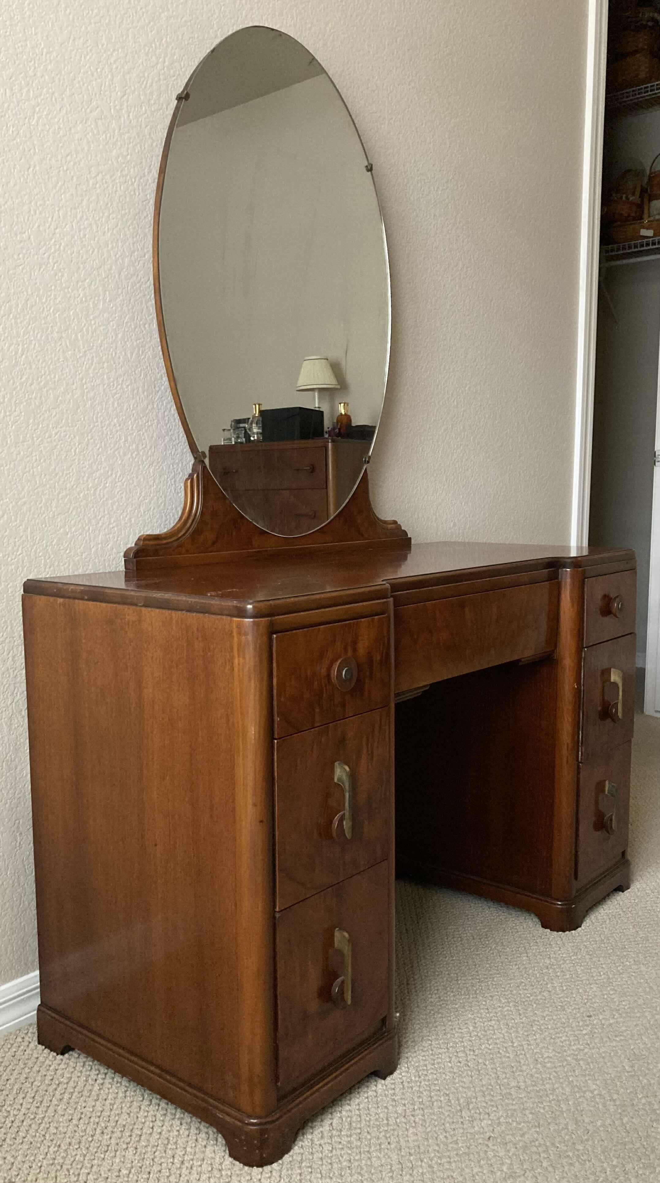 Photo 2 of LANDSTORM 1940s FRENCH BURLED WALNUT 6-DRAWER VANITY W MIRROR 44” X 18” H63”