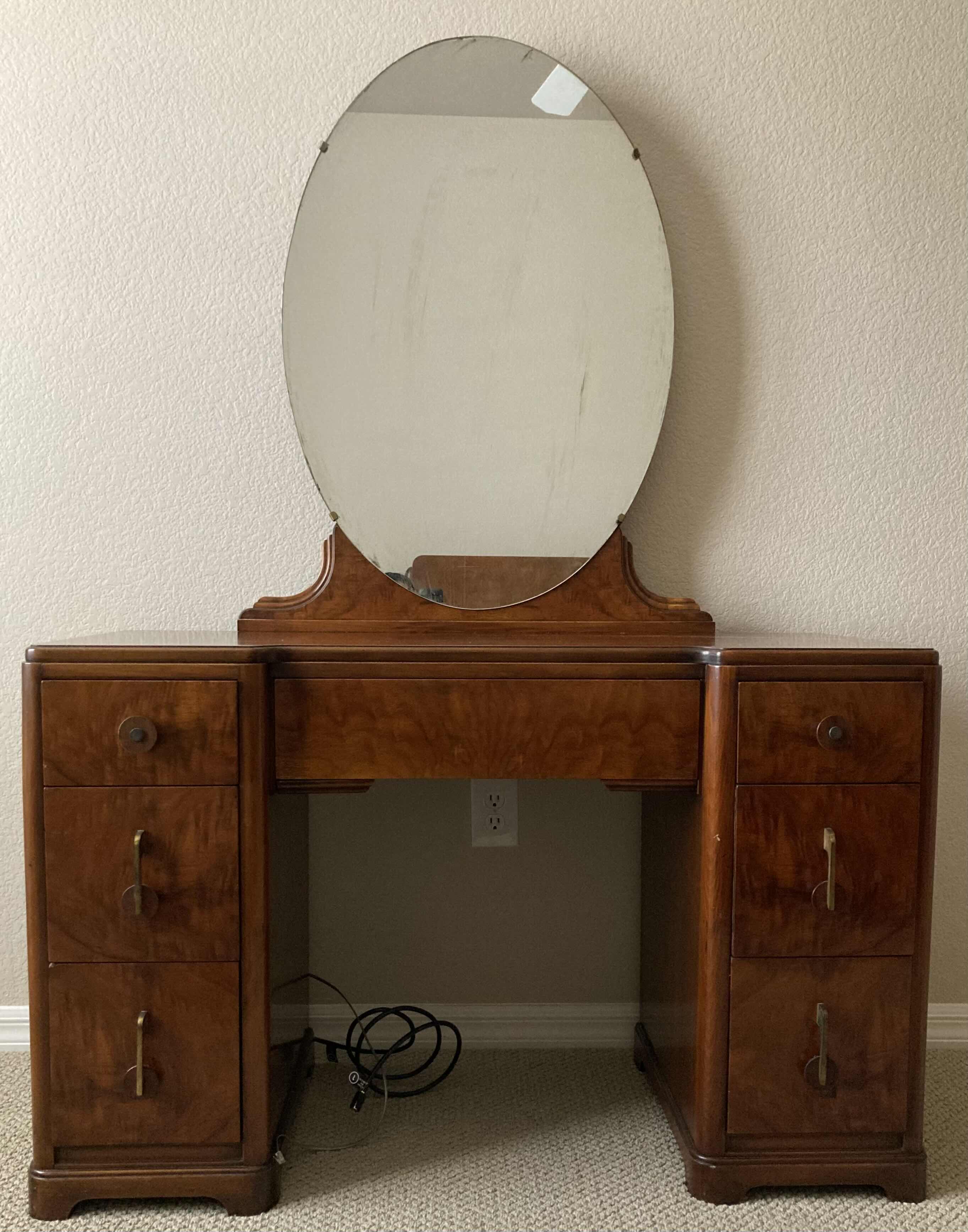 Photo 1 of LANDSTORM 1940s FRENCH BURLED WALNUT 6-DRAWER VANITY W MIRROR 44” X 18” H63”