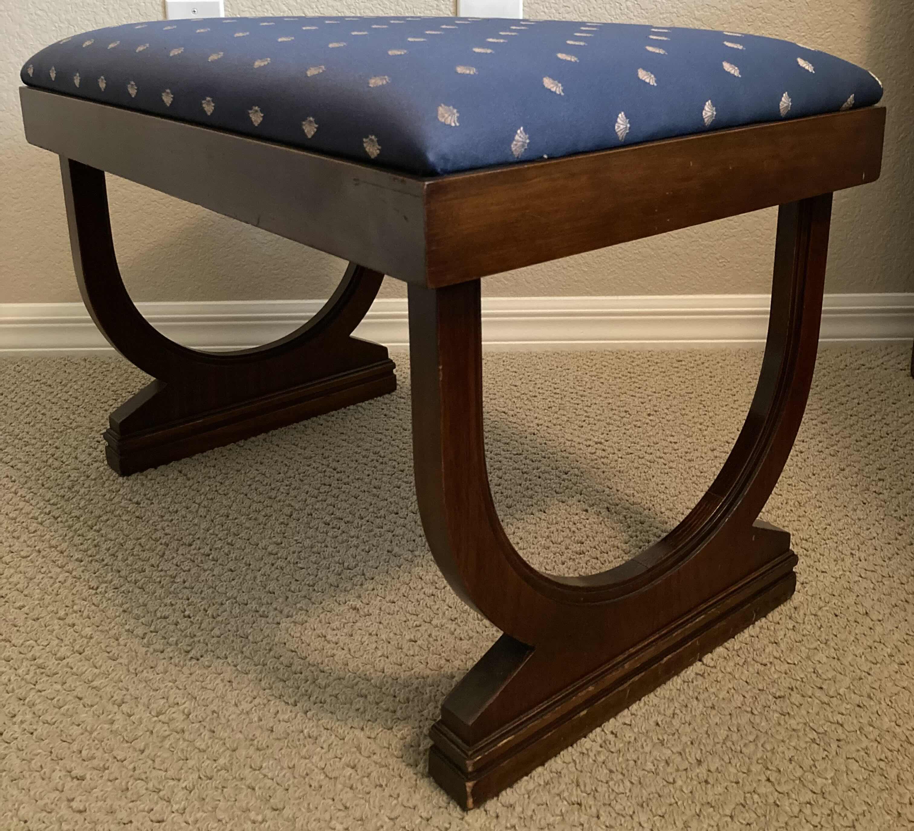 Photo 3 of F.J. FURNITURE CUSTOM REGENCY STYLE BLUE UPHOLSTERY WOOD FRAME BENCH 24” X 15” H16”