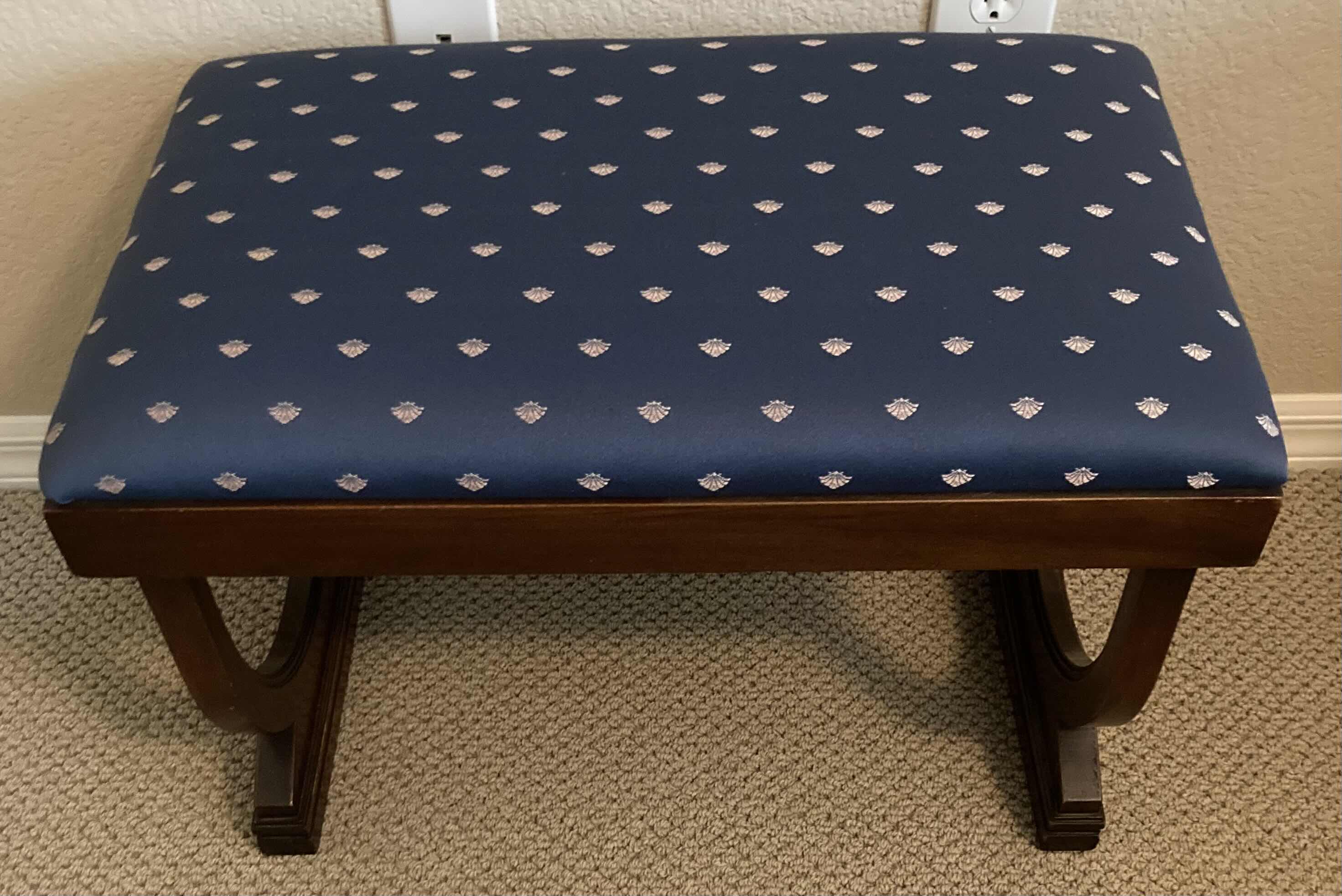 Photo 2 of F.J. FURNITURE CUSTOM REGENCY STYLE BLUE UPHOLSTERY WOOD FRAME BENCH 24” X 15” H16”